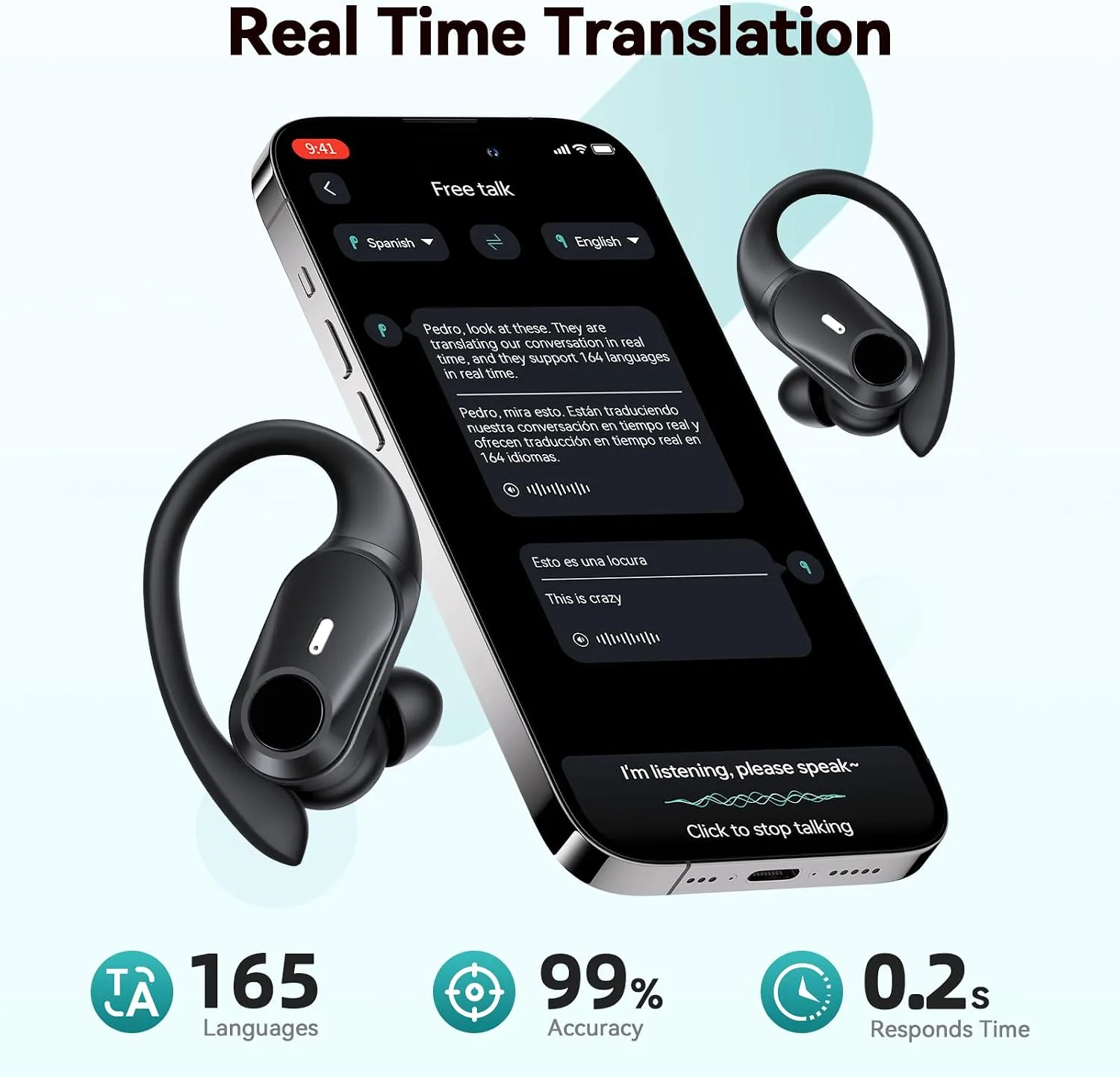 Active Noise Cancelling Ear Buds Wireless Bluetooth Headphones 80H Playtime Display Charging Case 50dB ANC Over Ear Hooks Earbuds with Hi-Res Sound Clear Calls for Sports Running AI Translation Black