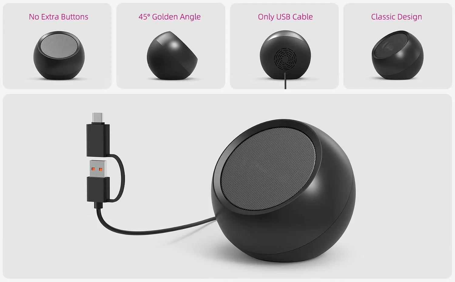 [Single] Computer Speaker for Desktop PC, USB-Powered, Plug-n-Play, Wired, External Speaker for Laptop, with Crystal-Clear Sound, Loud Volume, Rich Bass, Built-in USB-C Adapter for Full Compatibility