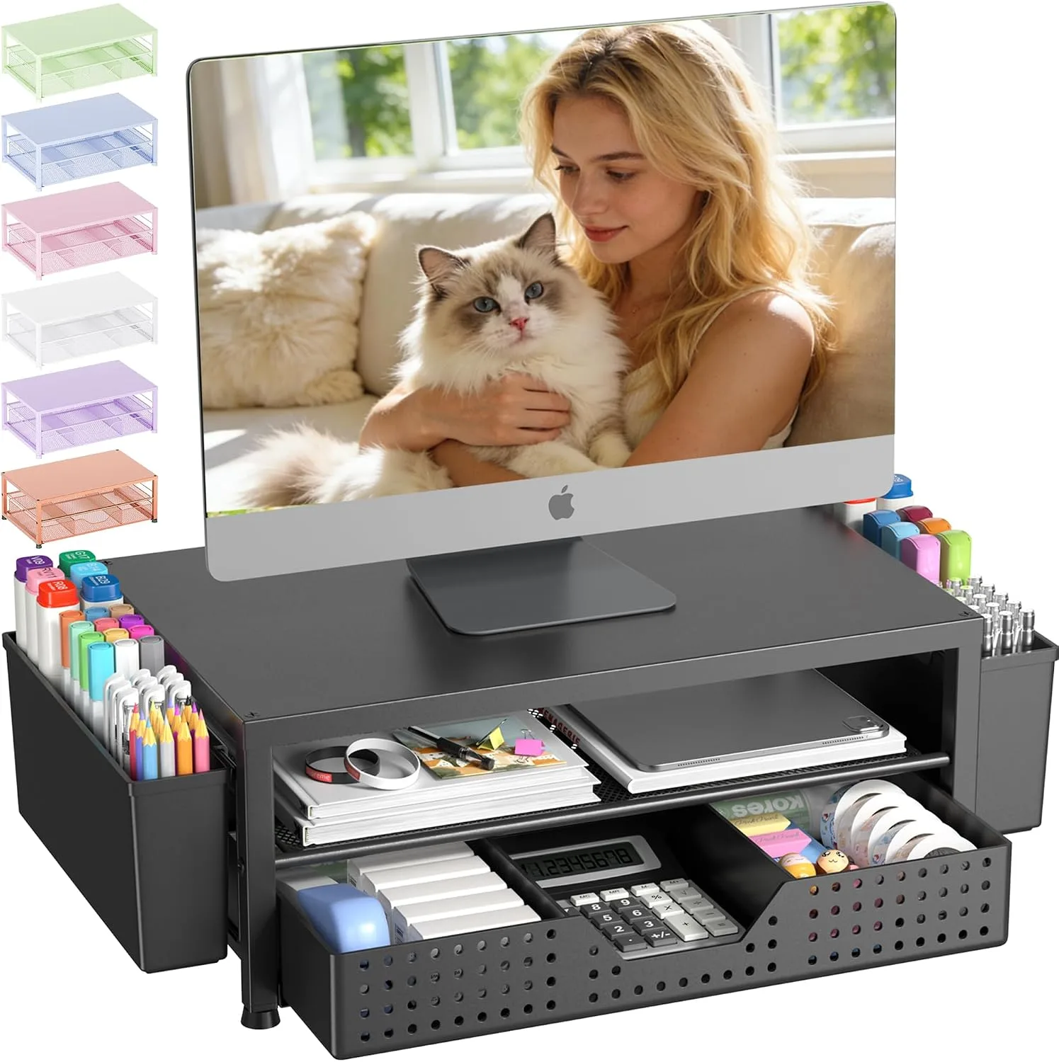 Base para monitor Opnice con cajón y porta lápices negro