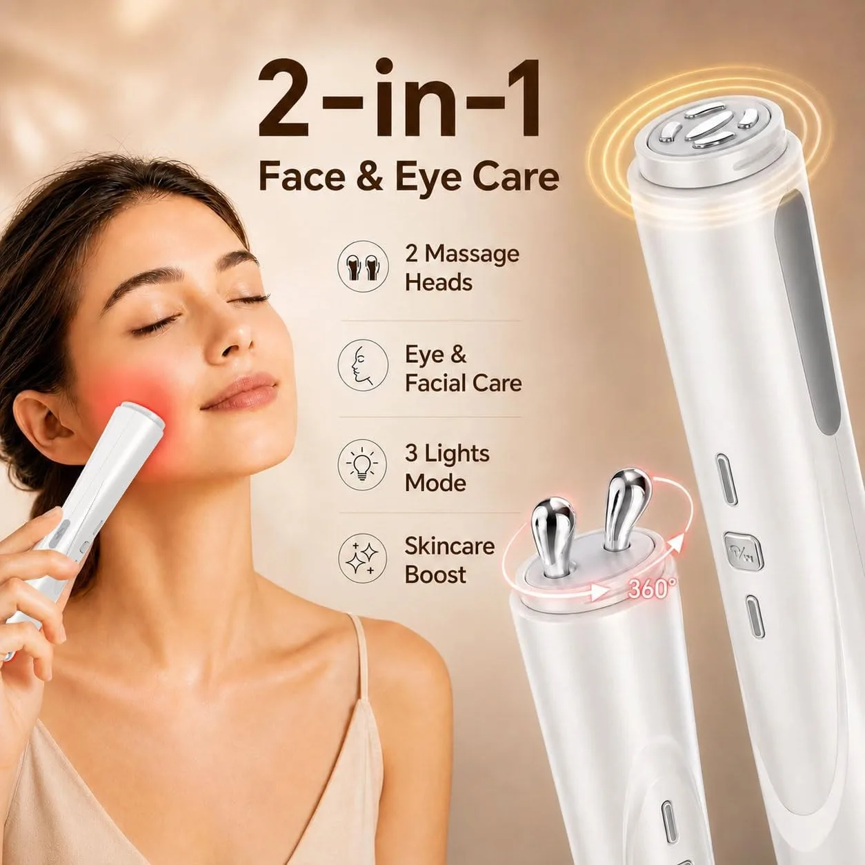 2-in-1 Facial Massager with Dual Massage Heads, Rechargeable Face Massage Tool for Daily Skincare Routine, Portable Face & Eye Massage Device