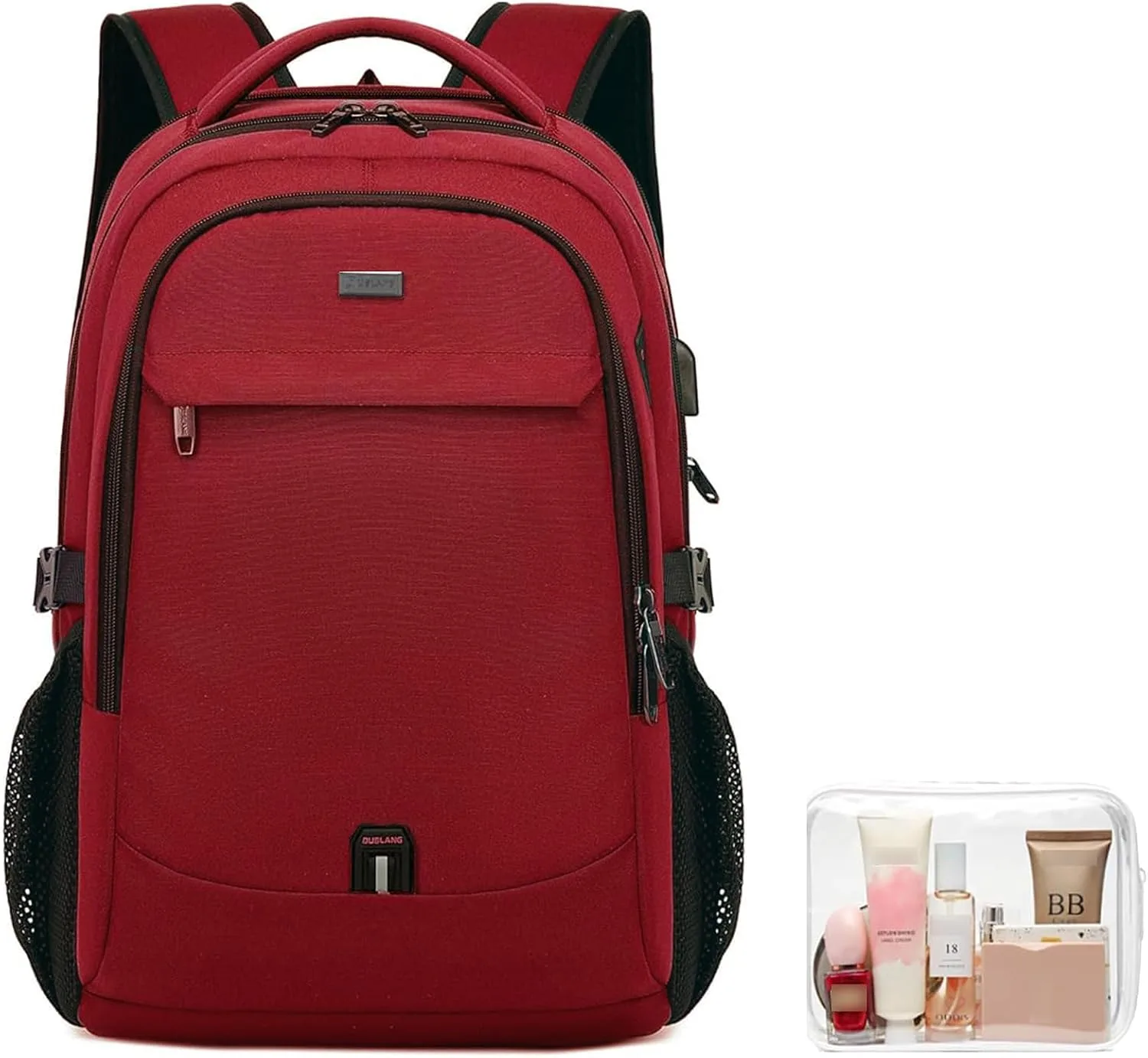 Mochila para laptop Duslang 17 pulgadas resistente al agua con puerto USB y bolsa de aseo transparente roja