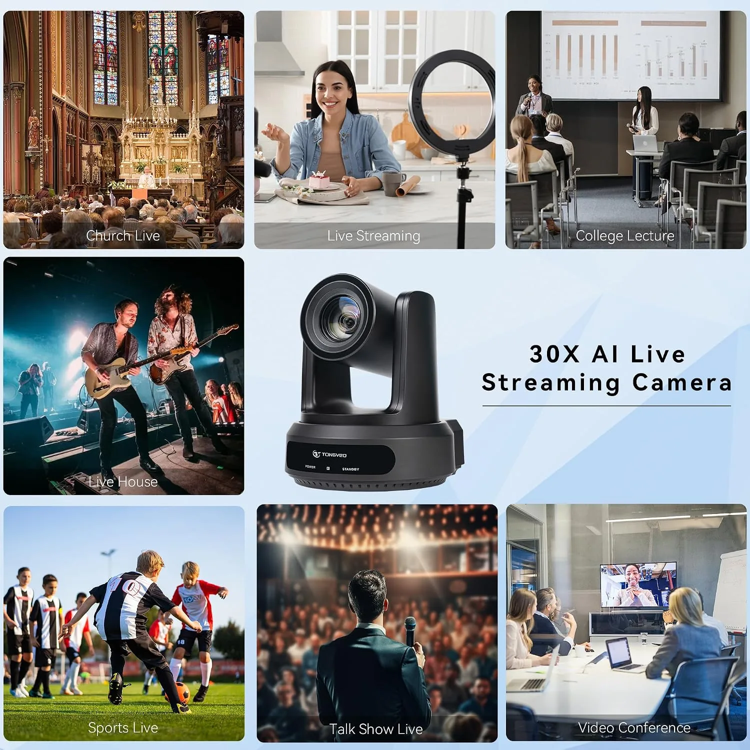 TONGVEO AI Auto-Tracking IP PTZ Camera SDI/HDMI/USB3.0/LAN PoE 30X Optical + 8X Digital Zoom 1080P 60fps for Live Streaming Church Services Education Video Conference with OBS vMix and More