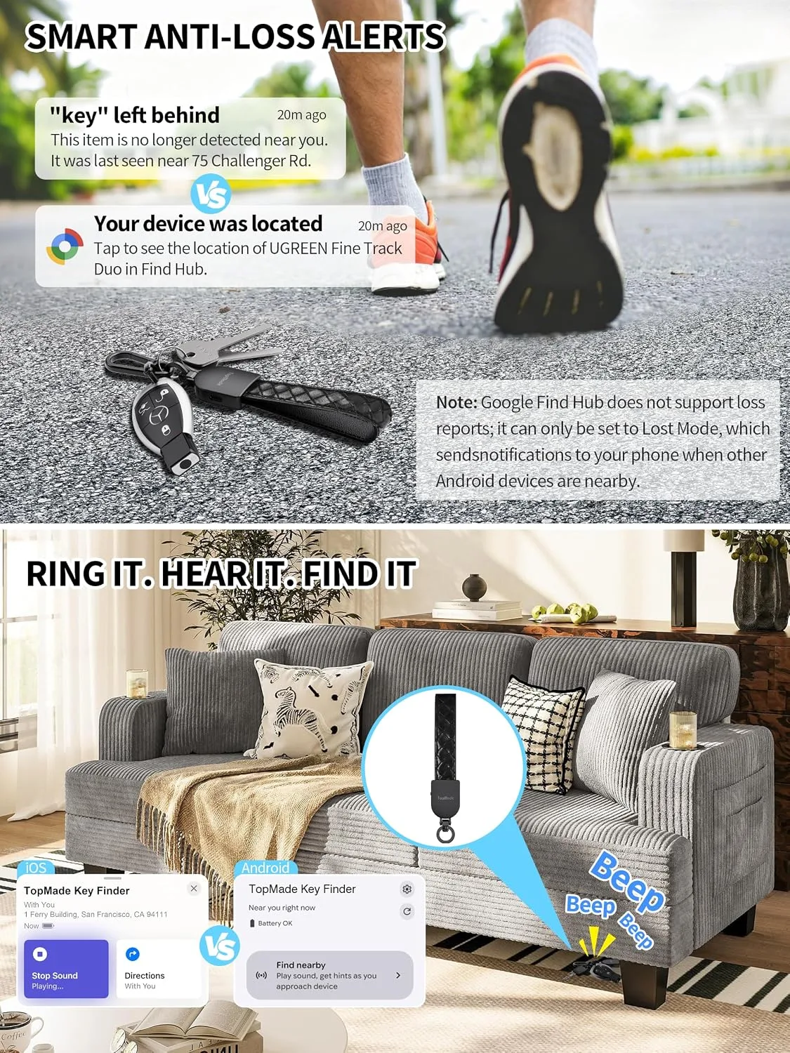 Smart Keychain Tracker (iOS & Android) Car Key Finder, Black & Carbon Black