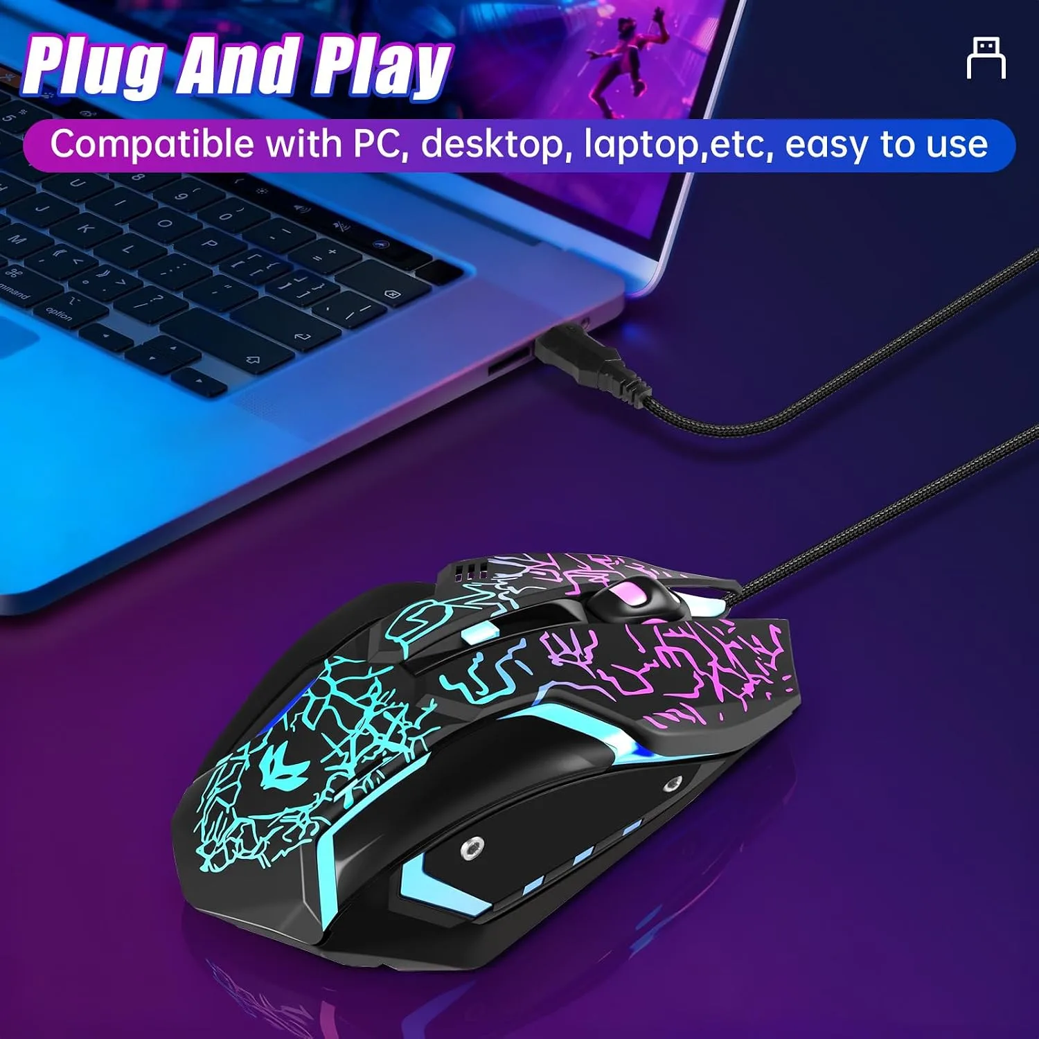 Wired Gaming Mouse,Ergonomic Optical Gaming Mice with 7 Color LED Backlight, 4 DPI Settings Up to 3600 DPI Computer Wired USB Mouse for Laptop/mac, 6 Buttons, Black