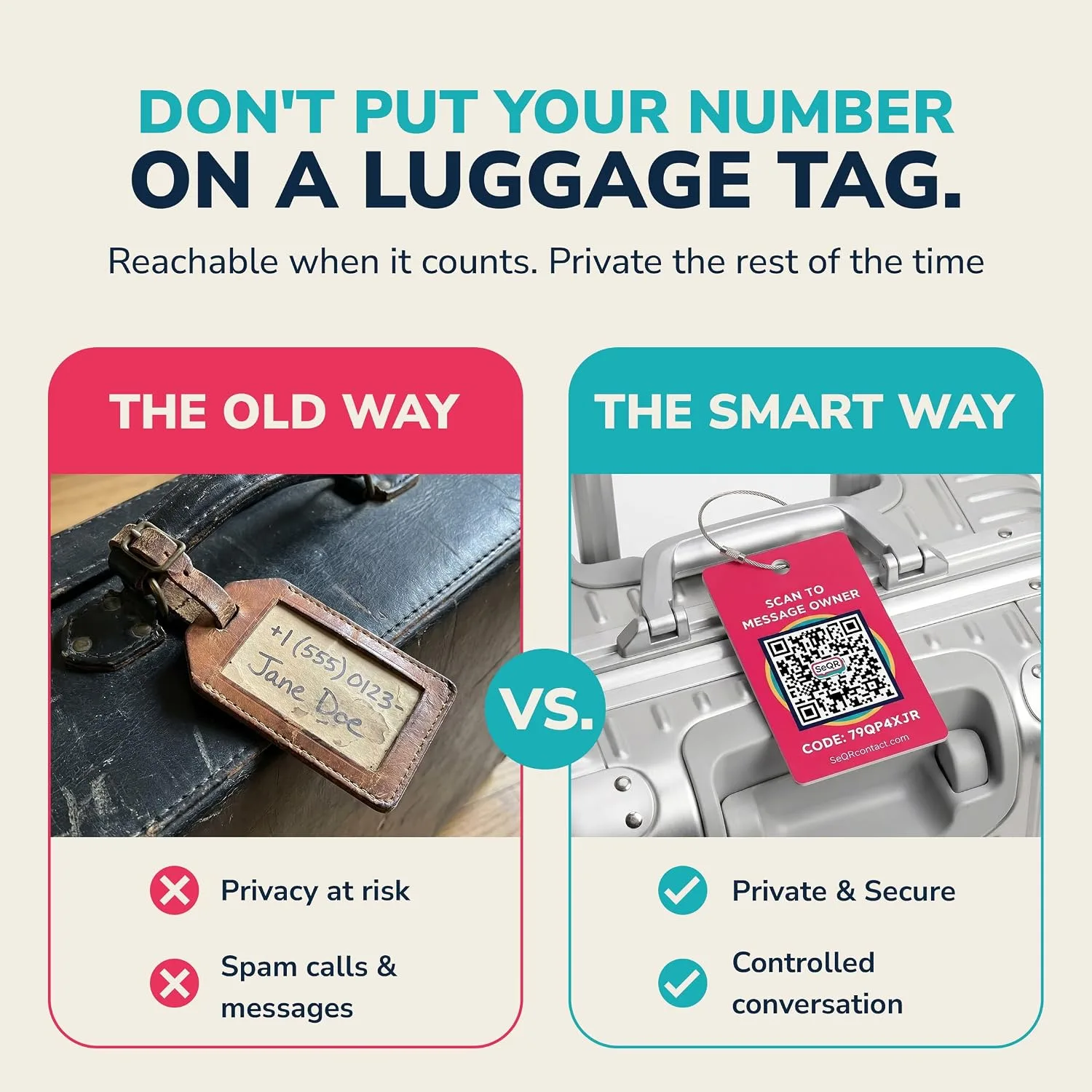Smart Luggage Tag -Privacy QR Code Tags for Travel Suitcases, 2 Pack Red