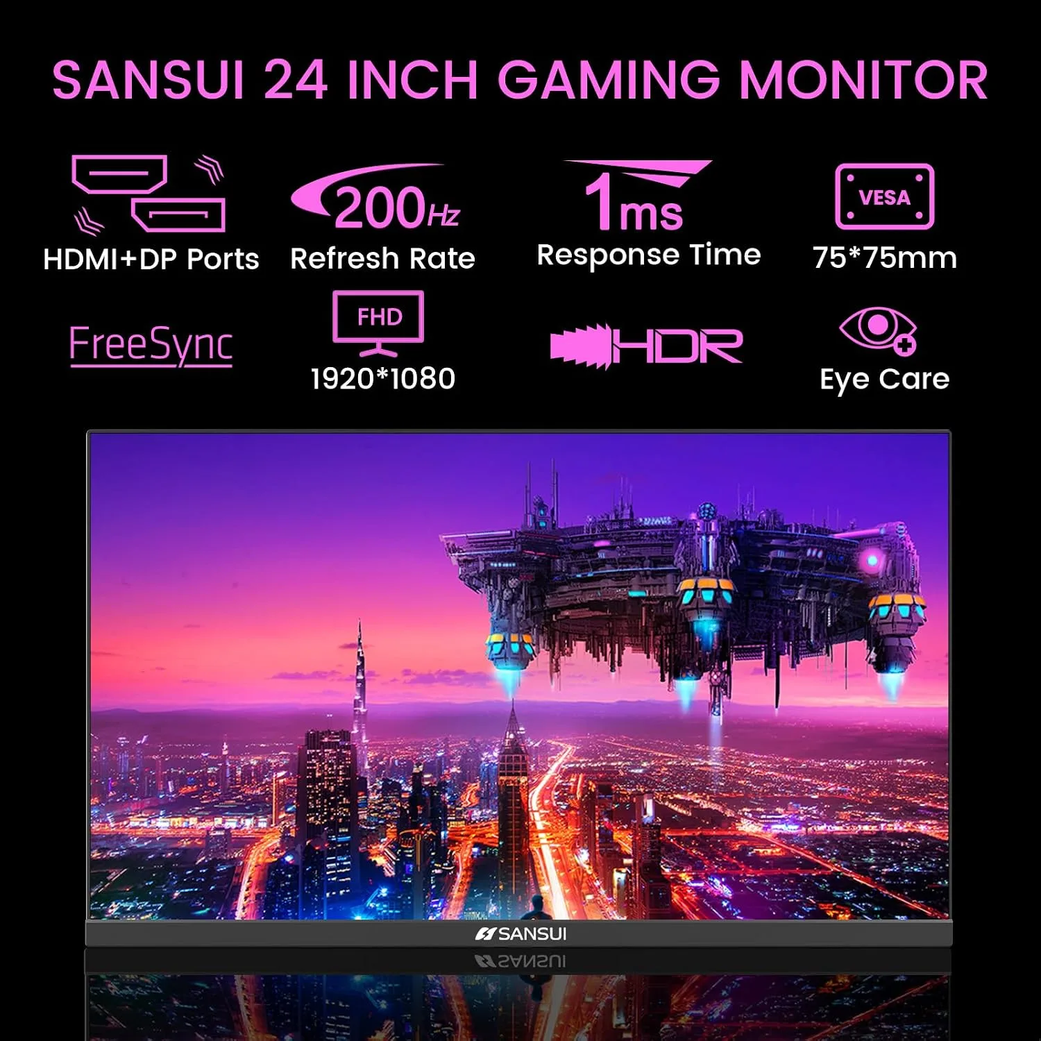 SANSUI 24" 1ms 200Hz Gaming Monitor, 24 Inch PC Monitor FHD 1080P, FreeSync