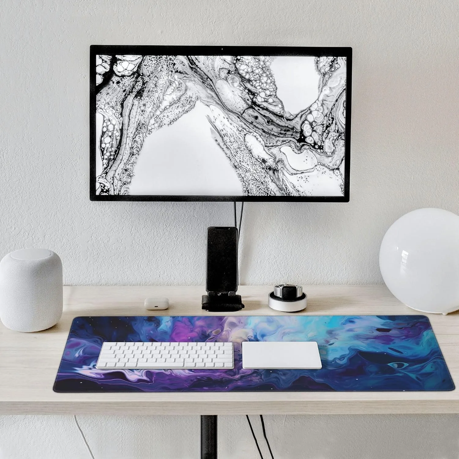Large Desk Mat with Non-Slip Base, 35.4" x 15.7", Galaxy Marble Design, Wrist Rest and Coaster Included