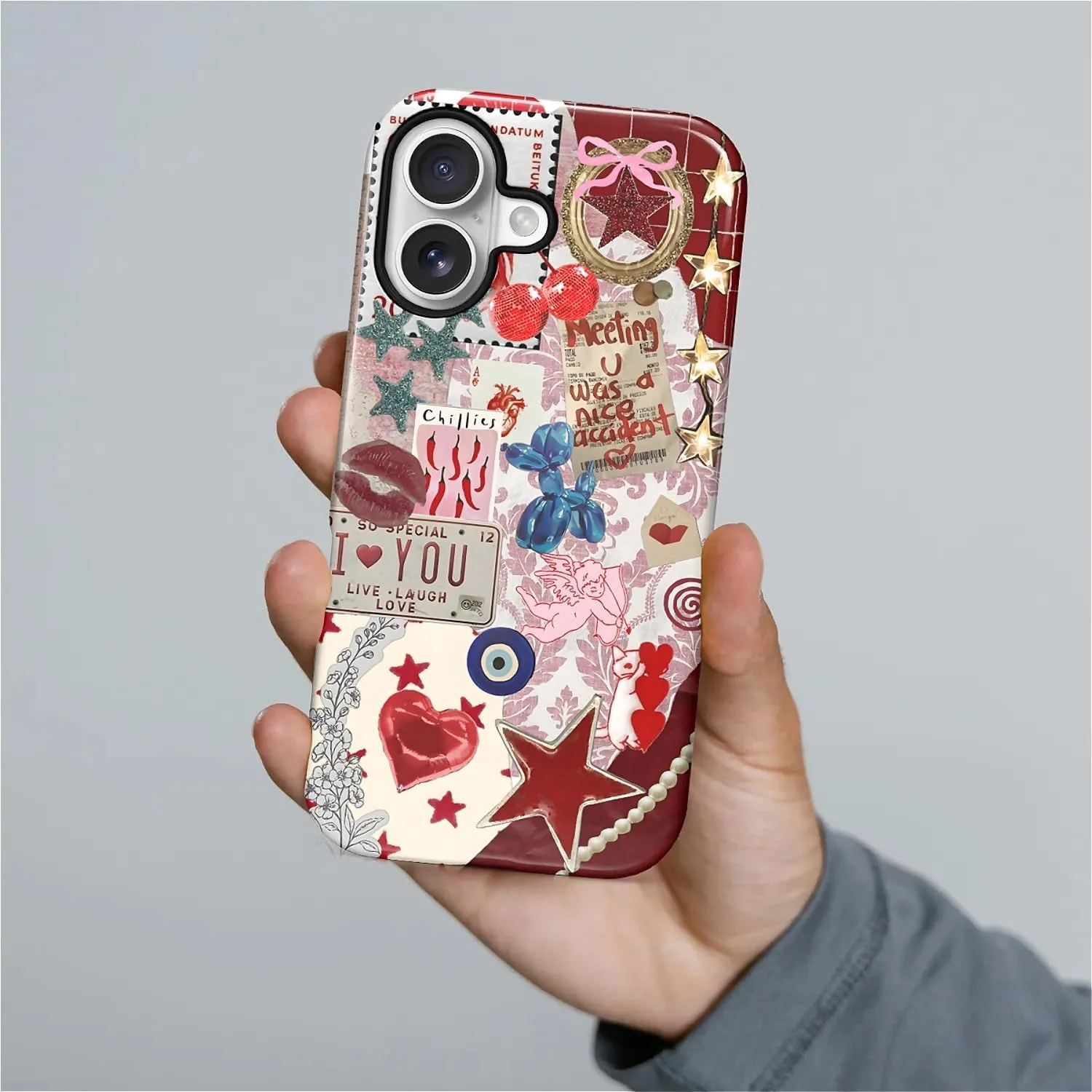 DAIZAG Case for iPhone 17,Mixed 2 Layer Design Shockproof Soft TPU Ddouble Protection Phone Case for iPhone 17-Conch Red Pearl Collage