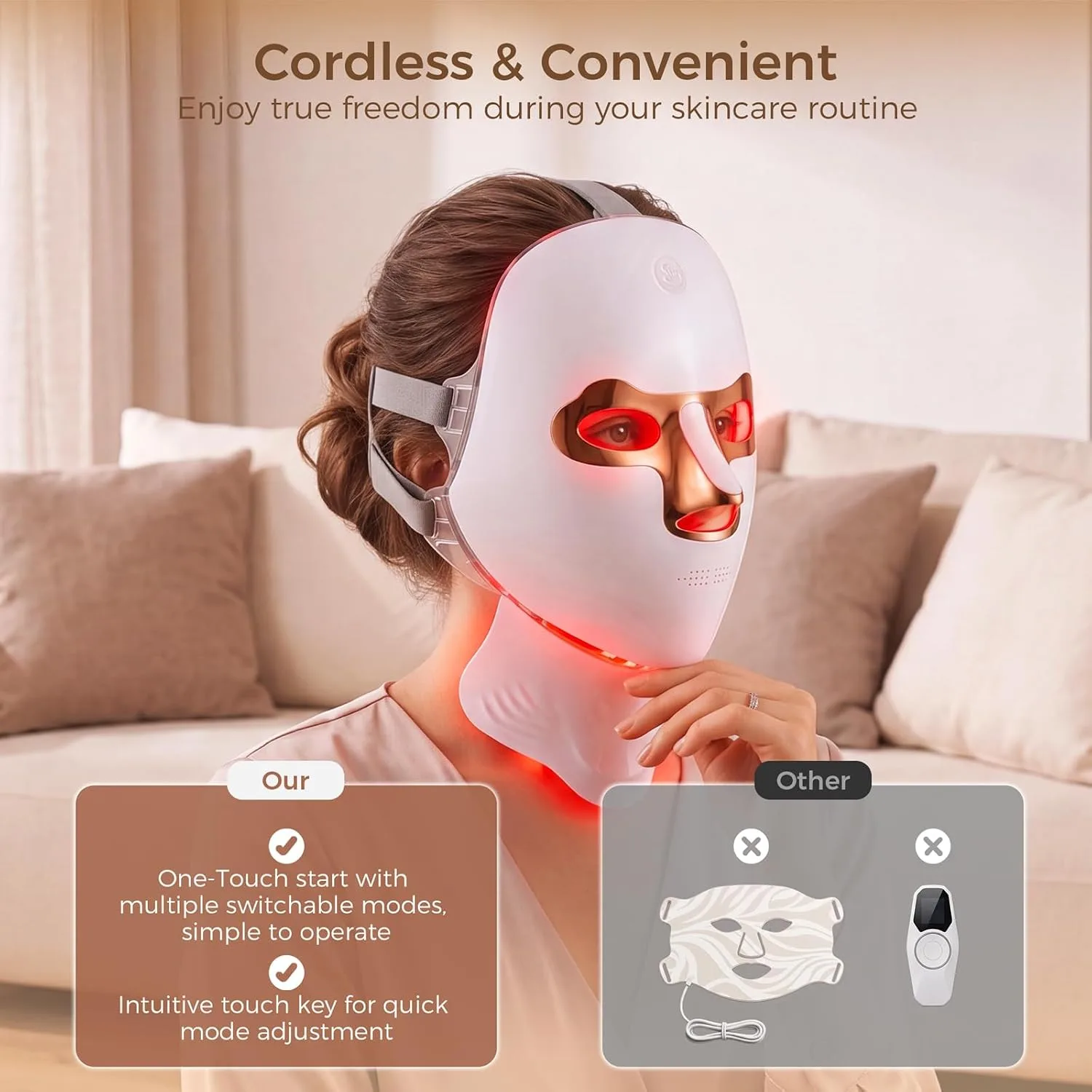 Red Light Therapy for Face & Neck, Wireless LED Face Mask Light Therapy, Rechargeable Red Light Therapy Facial Mask with Timing Function Full Coverage for Home, Travel, Yoga and Sleep Skincare