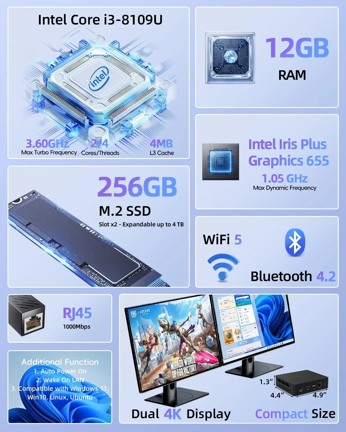 Mini PC, Intel Core i3-8109U (up to 3.6GHz), 12GB RAM 256GB SSD