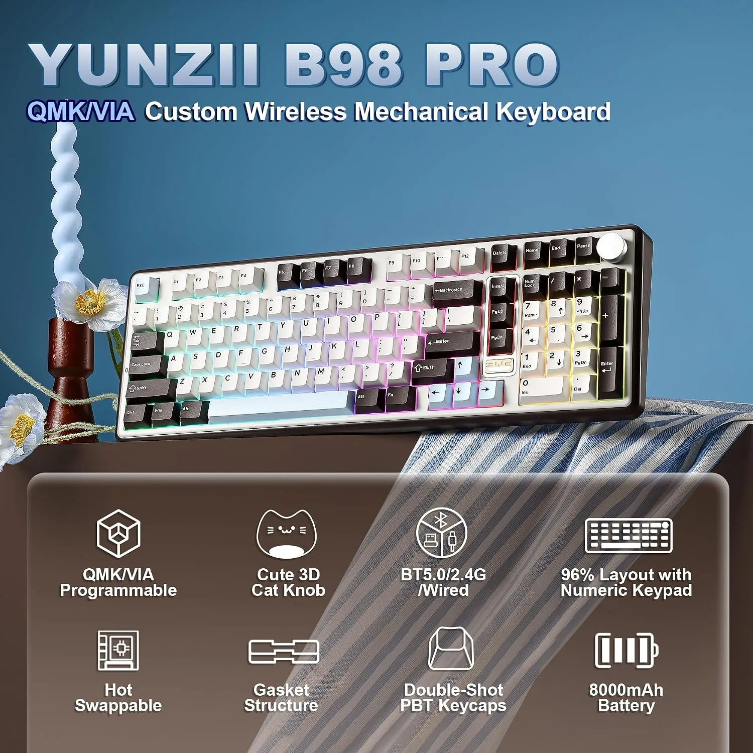 YUNZII B98 PRO 96% Wireless Mechanical Keyboard(Coffee Brown, Candy Switch)
