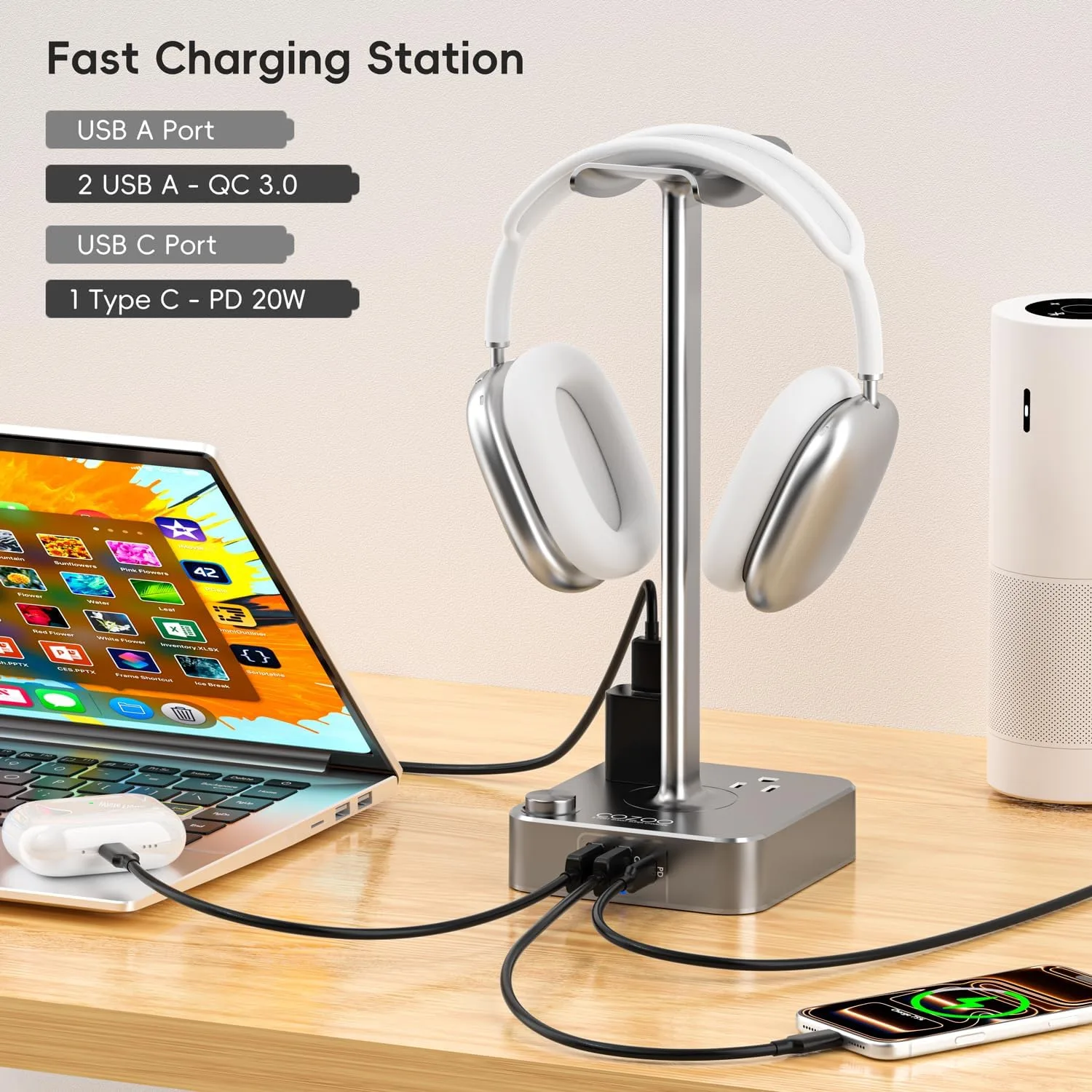 cozoo Headphone Stand with Charger, USB C, Gifts for Gamers Men, Gray