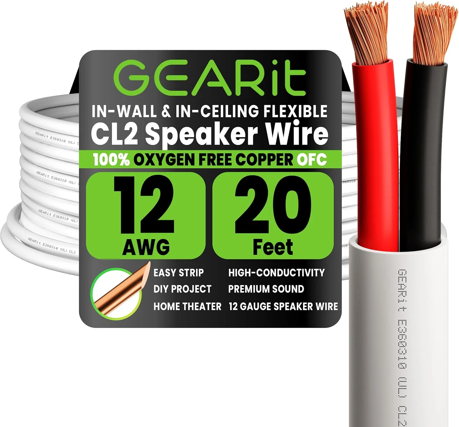 GEARit in Wall Speaker Wire 12 Gauge 20FT,OFC Speaker Wire UL CL2 Rated
