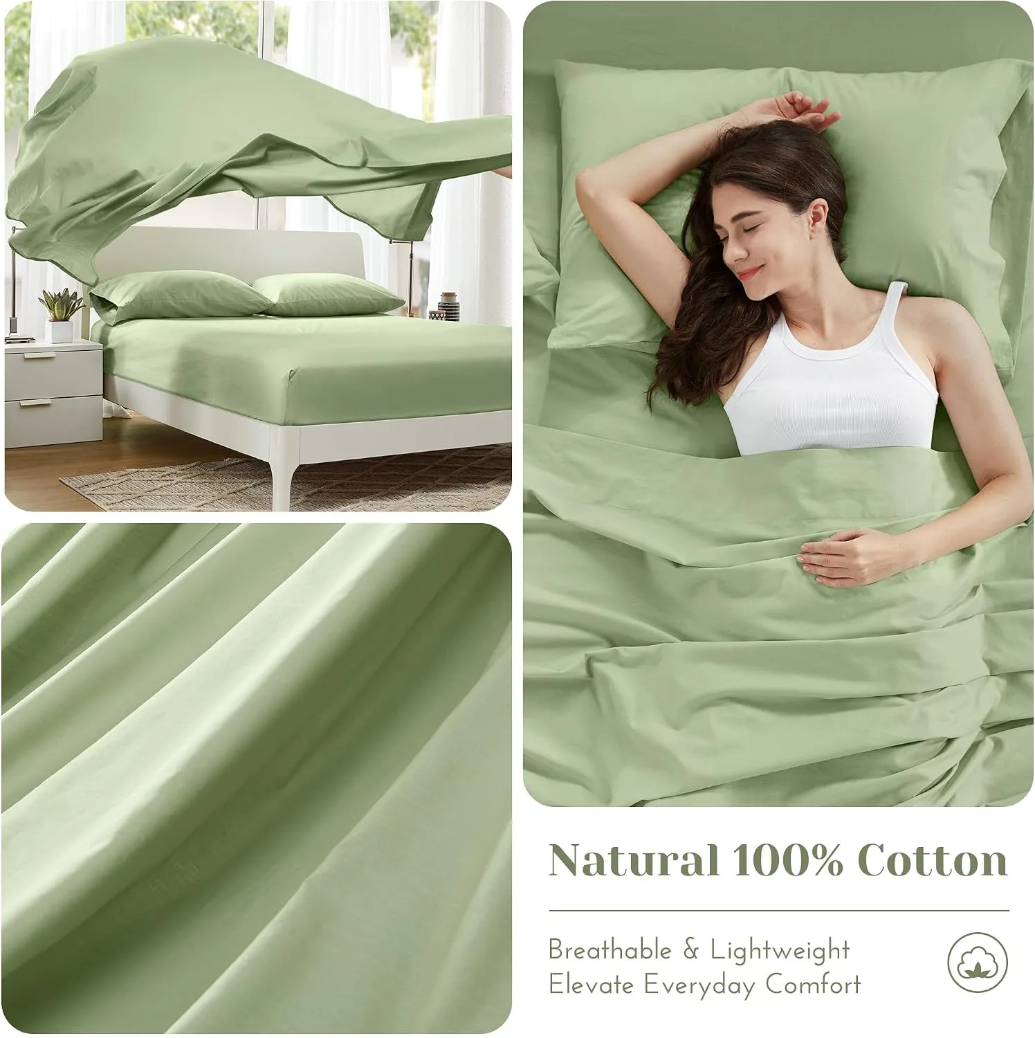 Comfort Spaces 100% Cotton Percale Sheets Queen Sheet Set 4 Pcs, Sage Green