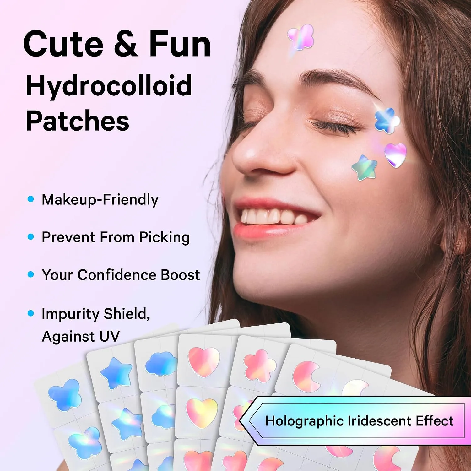 Sosky Holographic Star Pimple Patches, Hydrocolloid Acne Patches, 144 Count Blue Pink Star Heart Moon Cloud Butterfly Flower