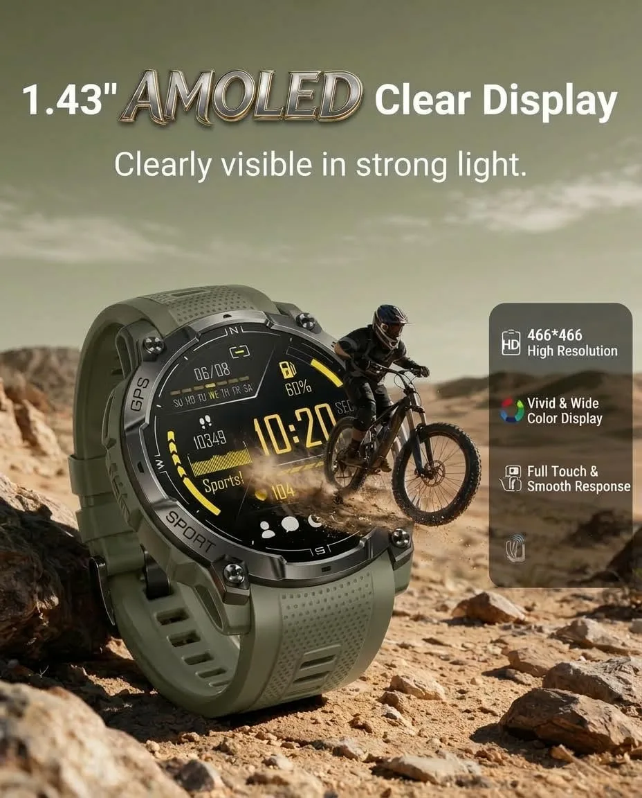 Military Smart Watch for Men, Built-in GPS, Bluetooth Call, 3ATM Waterproof