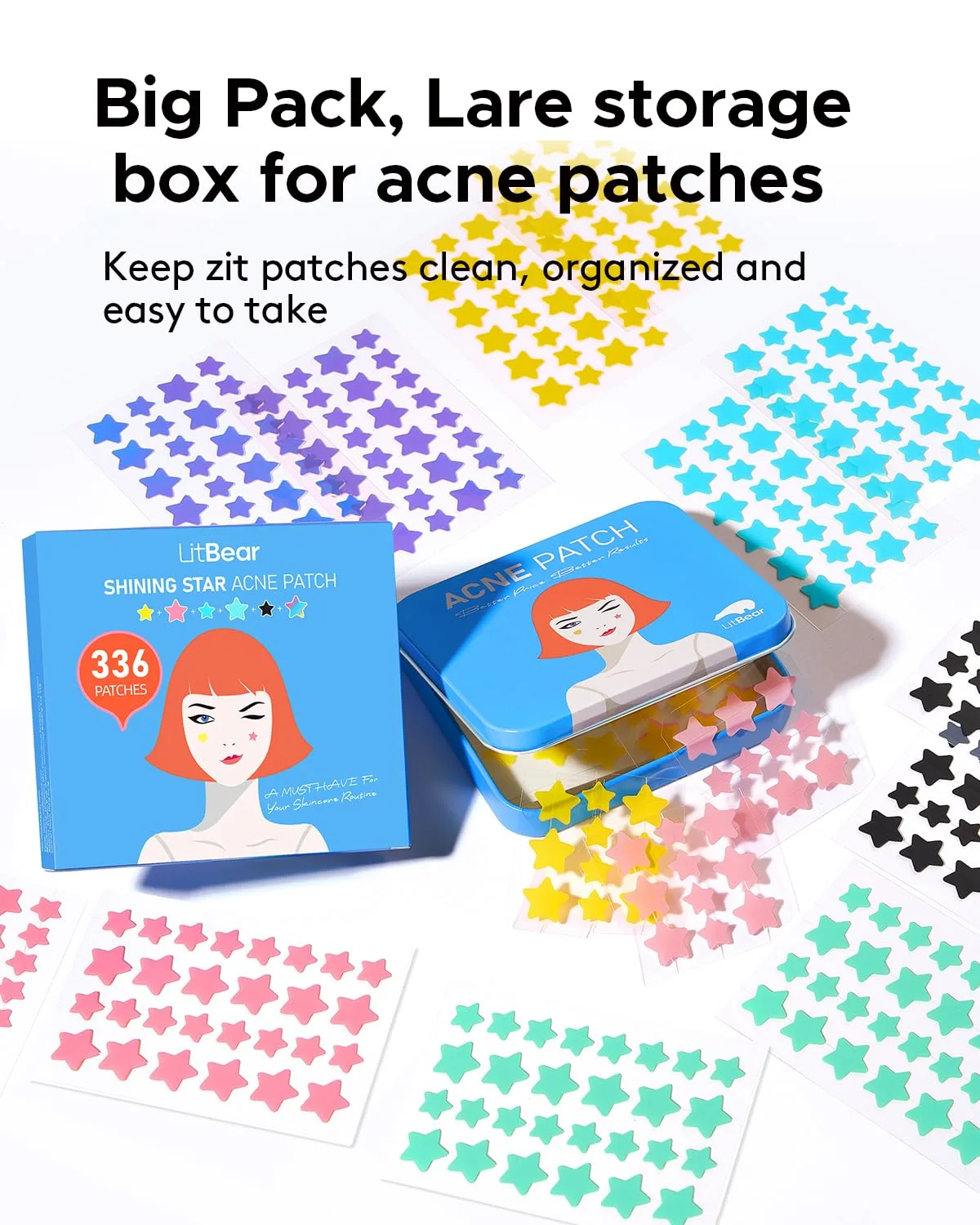 LitBear Star Pimple Patches with Case, 6 Colors 336 Dots Acne Pimple Patch with Tea Tree Oil, Hydrocolloid Acne Pimple Patches for Face Cute Zit Patches Pimple Stickers Acne Dots