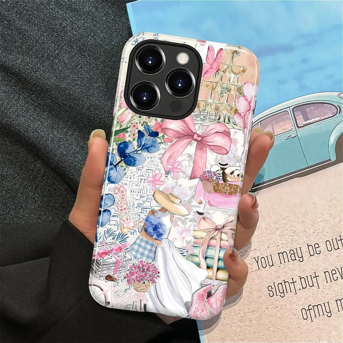 DAIZAG Case for iPhone 13 Pro,Mixed 2 Layer Design Shockproof Soft TPU Ddouble Protection Phone Case for iPhone 13 Pro-Magazine Books Flower Bow Collage