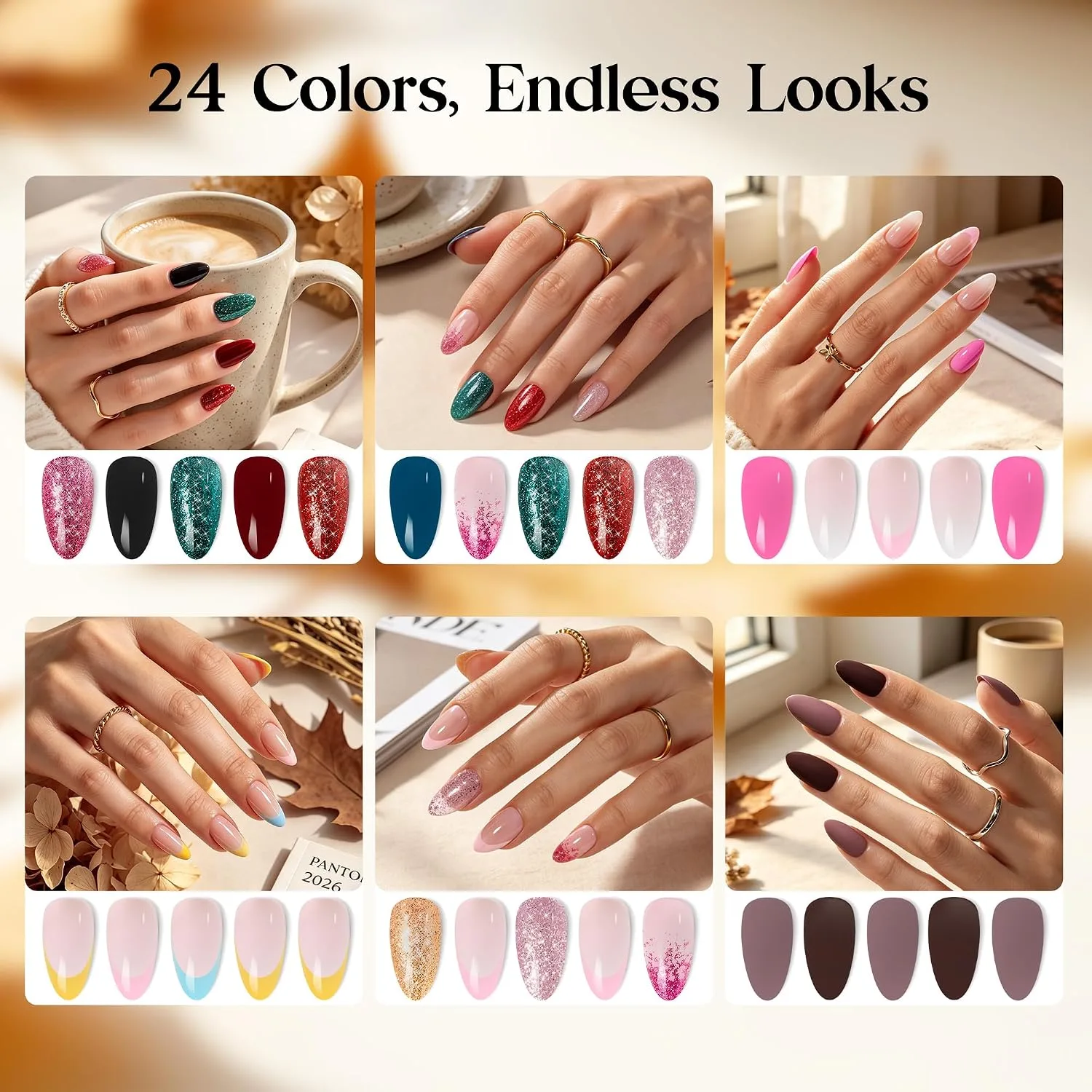 Beetles Short Almond Press On Nails Kit 720PCS, 24-Color Bright Mix