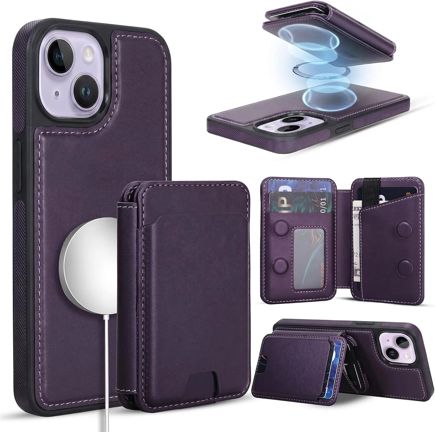 Magnetic Detachable Wallet Case for iPhone 15 with Kickstand,2-in-1 MagSafe Compatible RFID Blocking Card Holder,Slim PU Leather Cover Purple