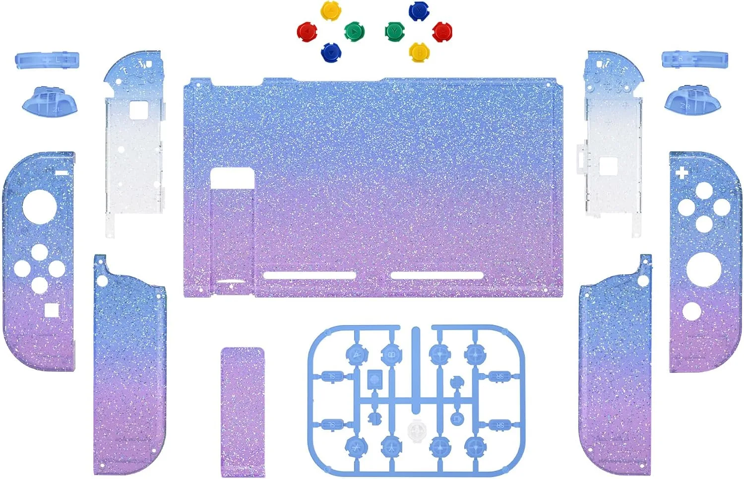 eXtremeRate DIY Replacement Shell Buttons for Nintendo Switch, Custom Back Plate for Switch Console, Housing with Colorful Buttons for Joycon Handheld - Glitter Gradient Translucent Bluebell