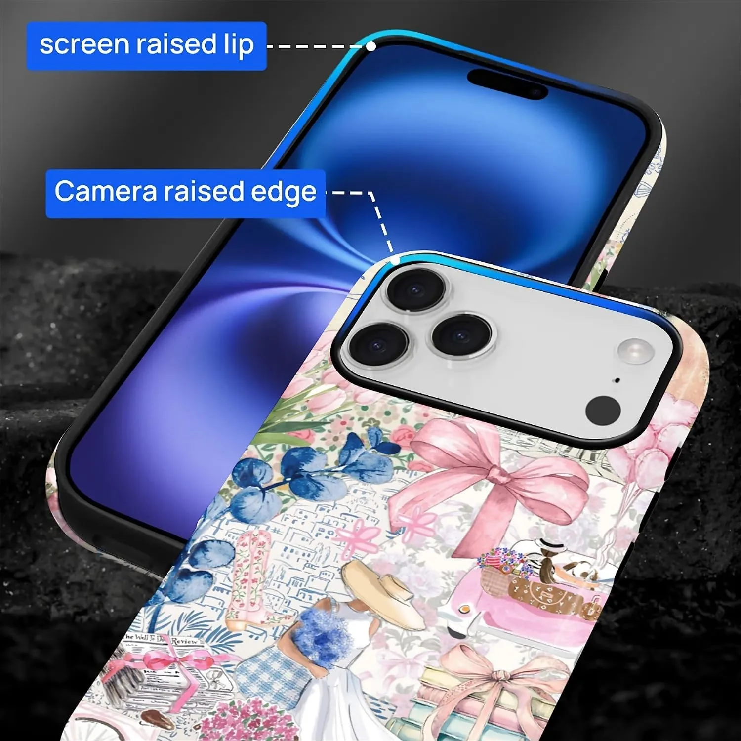 DAIZAG Case for iPhone 17 Pro,Mixed 2 Layer Design Shockproof Soft TPU Ddouble Protection Phone Case for iPhone 17 Pro-Magazine Books Flower Bow Collage