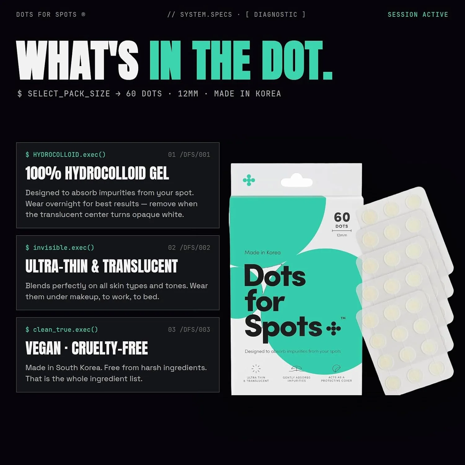 Dots for Spots Pimple Patches For Face, Fast Acting, Translucent Hydrocolloid Zit Patches that Unclog Pores Korean Skin Care, Vegan, Cruelty Free (60 count)