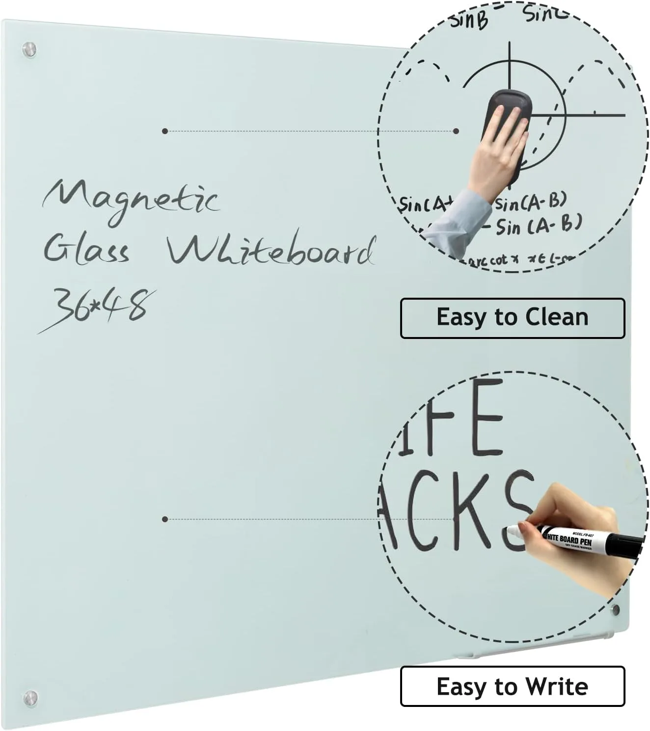 Magnetic Dry Erase Board - Frameless Glass White Board 48 x 36 Inches, Wall Mounted for Office, Home & School