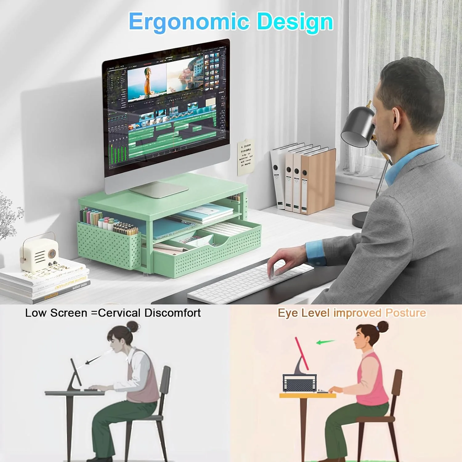 gianotter Monitor Stand with Drawer and 2 Pen Holders (Sage Green)