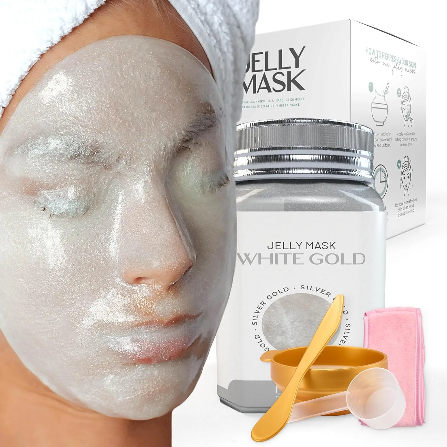 BRÜUN Jelly Mask Jar White Gold Glycolic AC AHA Peel-Off Face Care Rubber Mask | 23 fl oz Skin Care Moisturizing Gel Mask Jar Spa Set