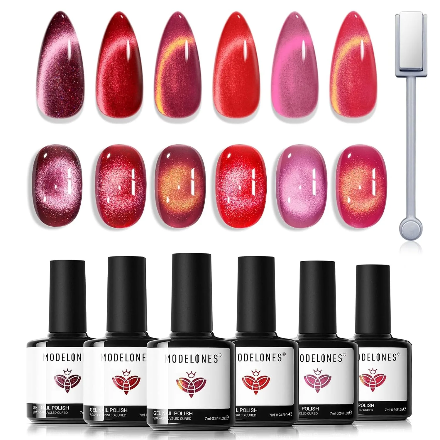Esmalte en gel Cat Eye Modelones set 6 colores glitter burdeos