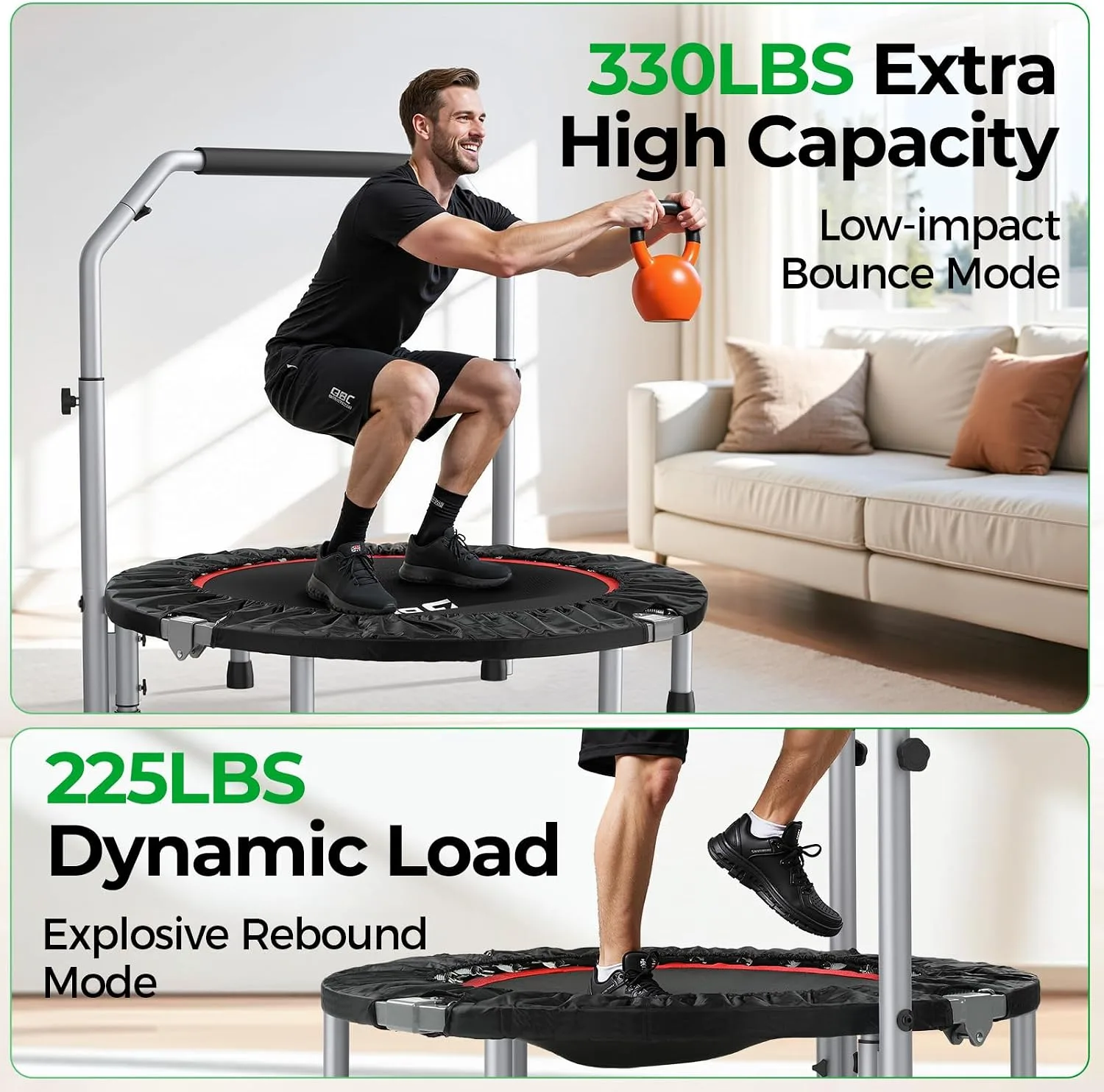 BCAN SP2 40/48" Foldable Mini Rebounder Trampoline for Adults, 330/440 lbs Capacity, Mini Trampoline with Adjustable Handle, Low-Impact Indoor Exercise Workout | FED Fitness