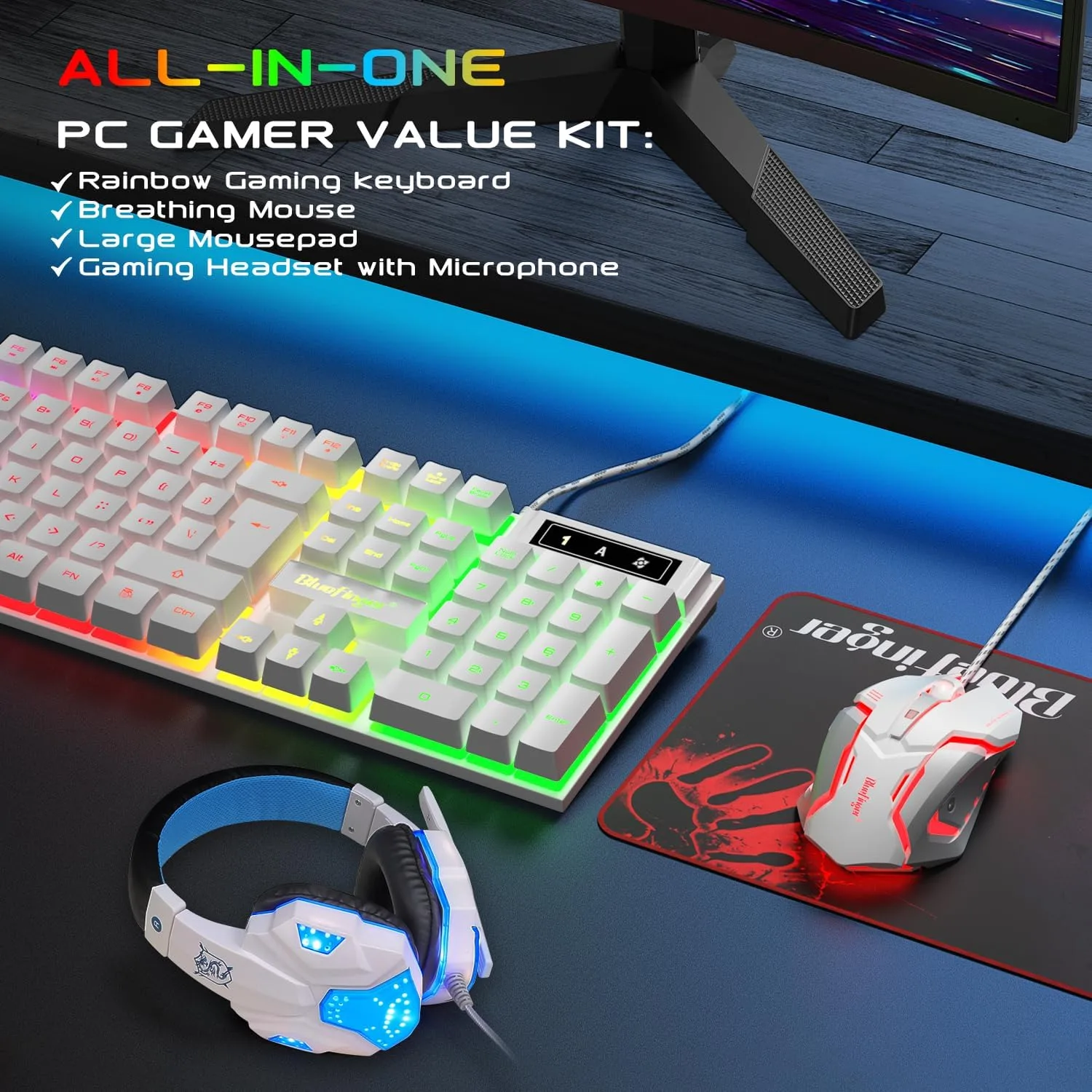 BlueFinger RGB Gaming Keyboard and Backlit Mouse and Headset Combo, USB Wired Backlit Keyboard, LED Gaming Mouse Set, Headset with Microphone for Laptop PC Computer Game and Work, White