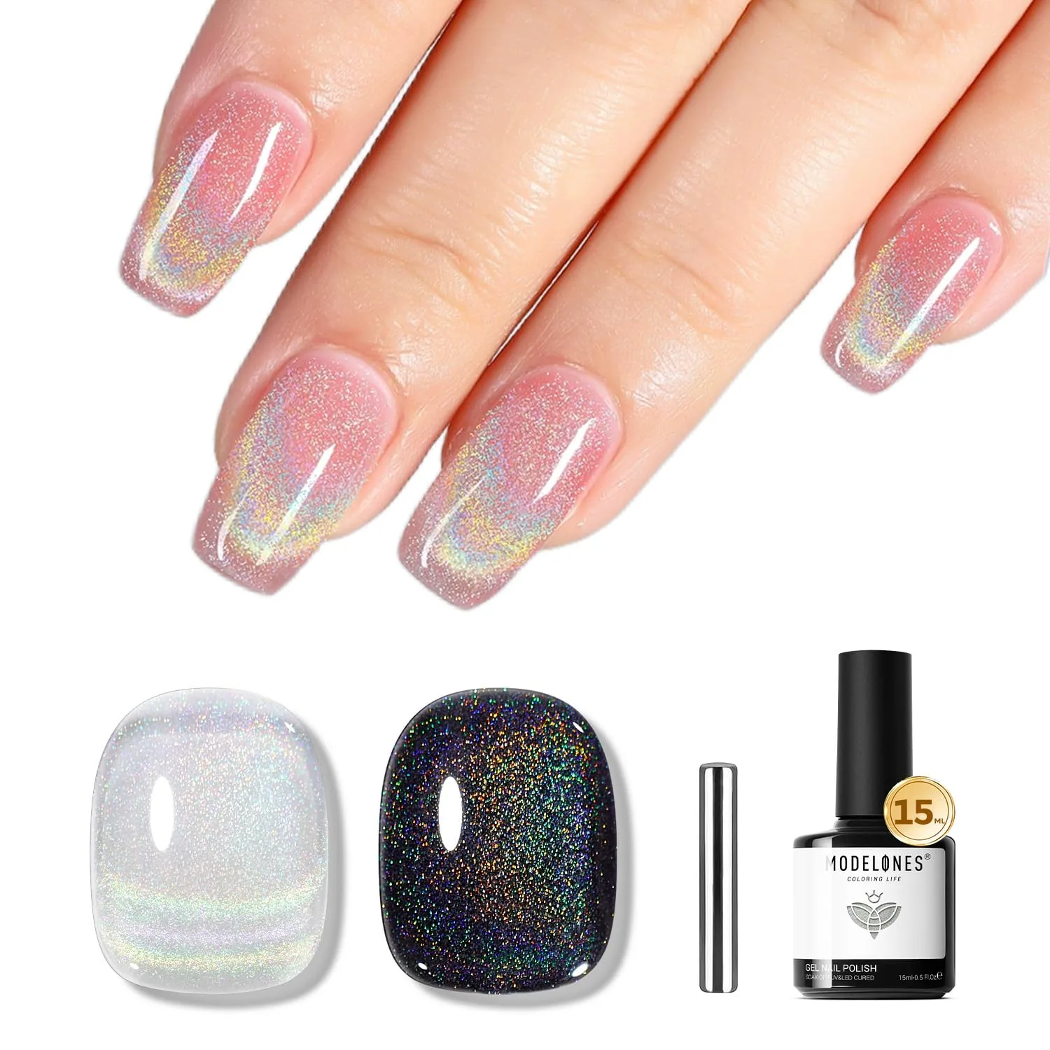 modelones Cat Eye Rainbow Gel Nail Polish Silver Glitter Holographic