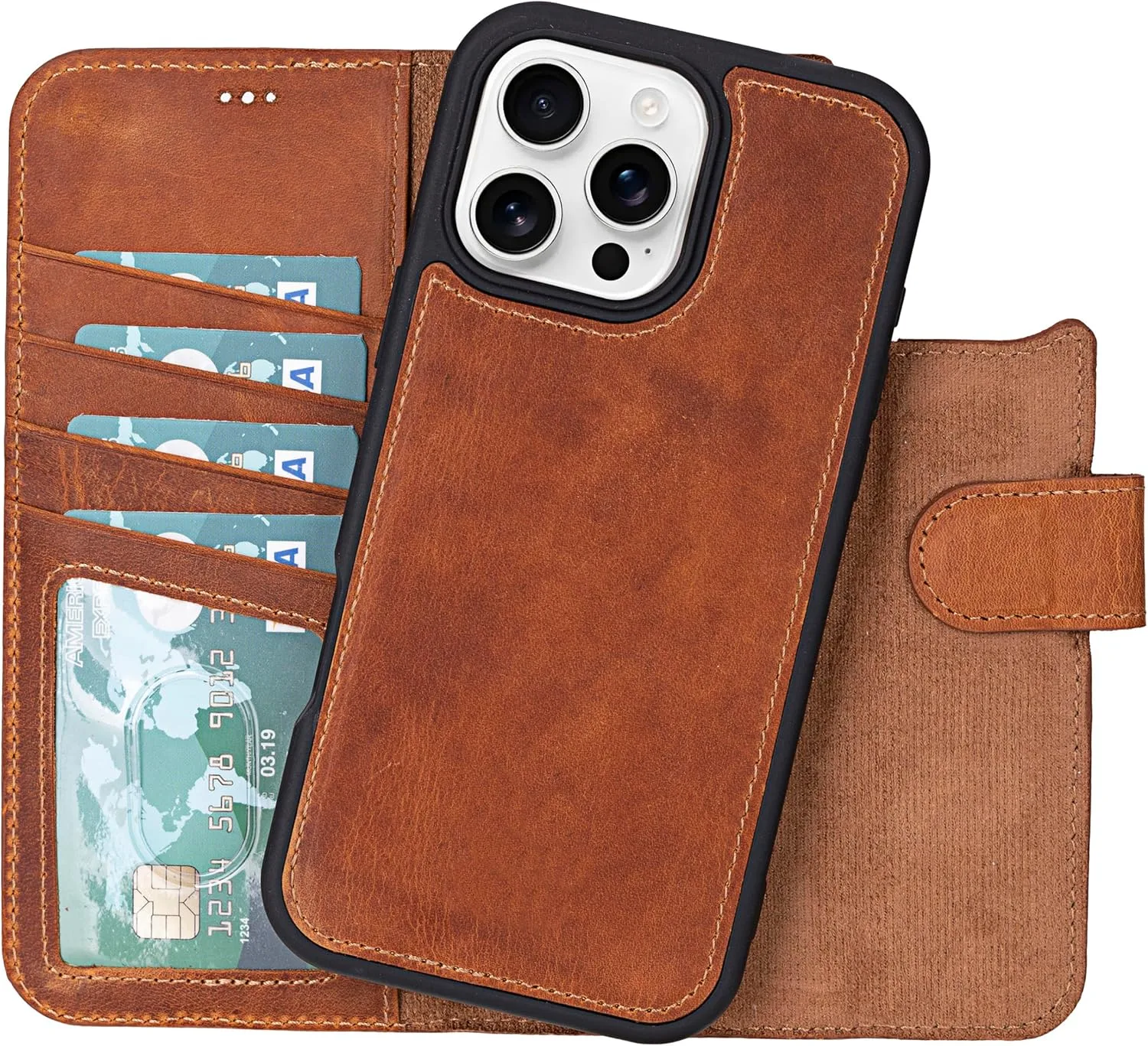 VENOULT Wallet Case for iPhone, Full Grain Genuine Turkish Leather, Magnetic Detachable, RFID 4 Card Slots, Business Style, Compatible with MagSafe (Almond, iPhone 16 Pro)