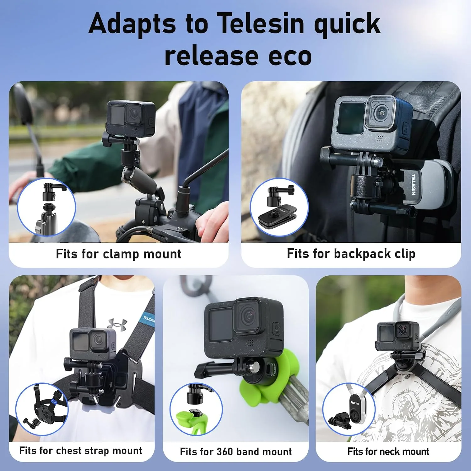 TELESIN S2 Quick Release Clamp Mount, Bike Motorcycle Handlebar Roll Bar Tube Clip Holder Attach Accessories for GoPro 13 12 11 10 9 8 Insta360 X5 X4 X3 GO3 Ace Pro 2 DJI Action 3 4 5 Pro Pocket 3