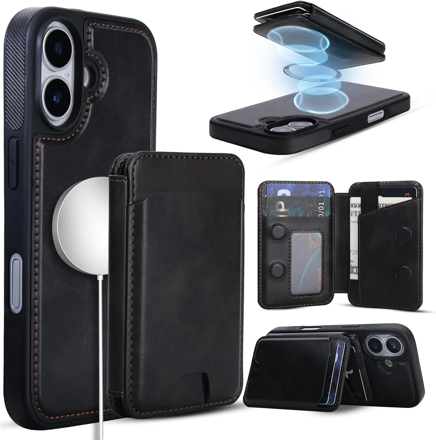 Magnetic Detachable Wallet Case for iPhone 17 with Kickstand,2-in-1 MagSafe Compatible RFID Blocking Card Holder,Slim PU Leather Cover Black