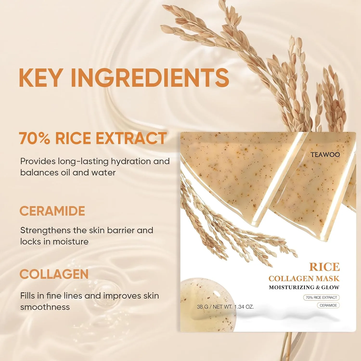TEAWOO Rice Deep Collagen Face Mask, 8 EA, Overnight Facial Mask