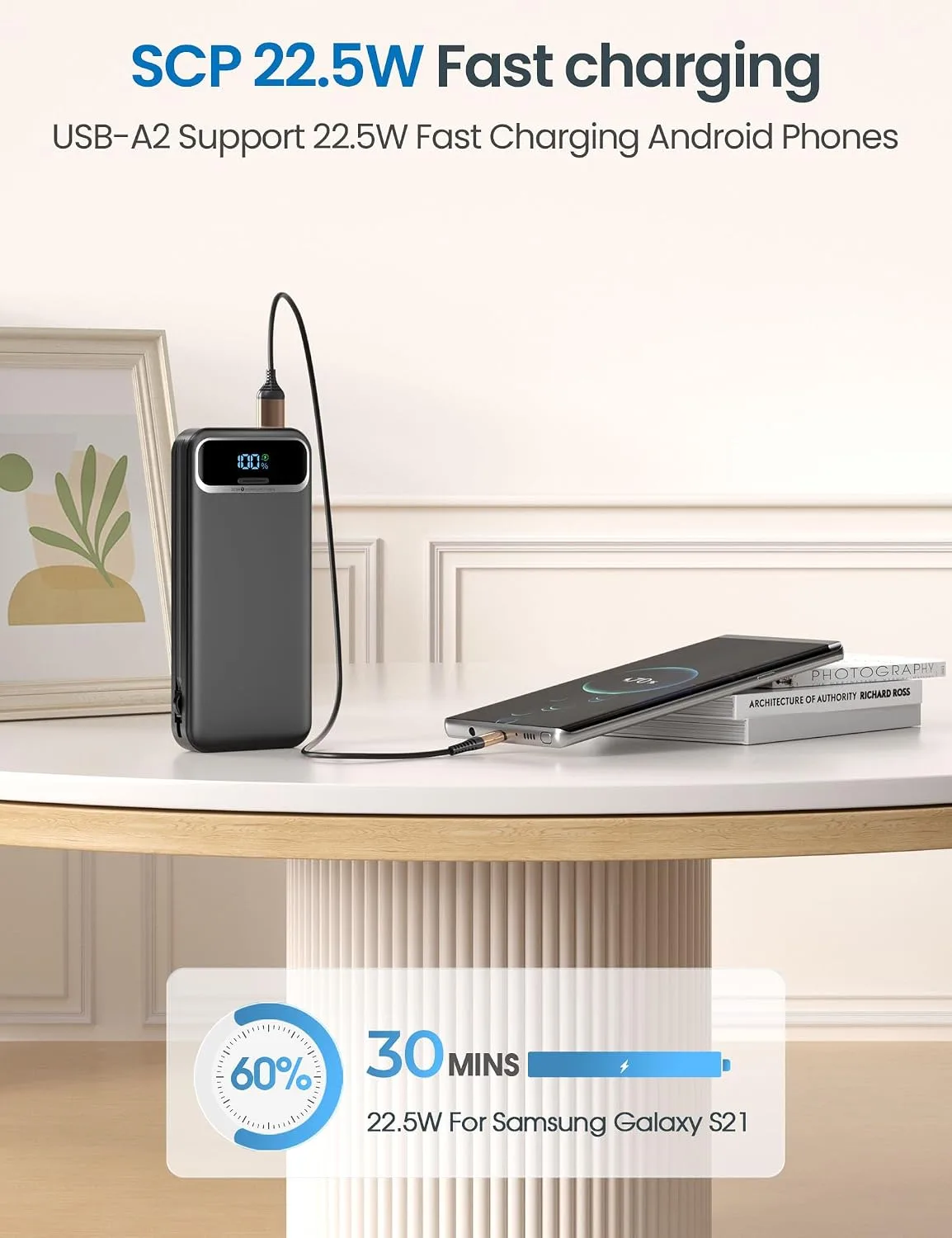 aonidi Portable Charger 12000mAh with Built-in Cables&AC Wall Plug, Black