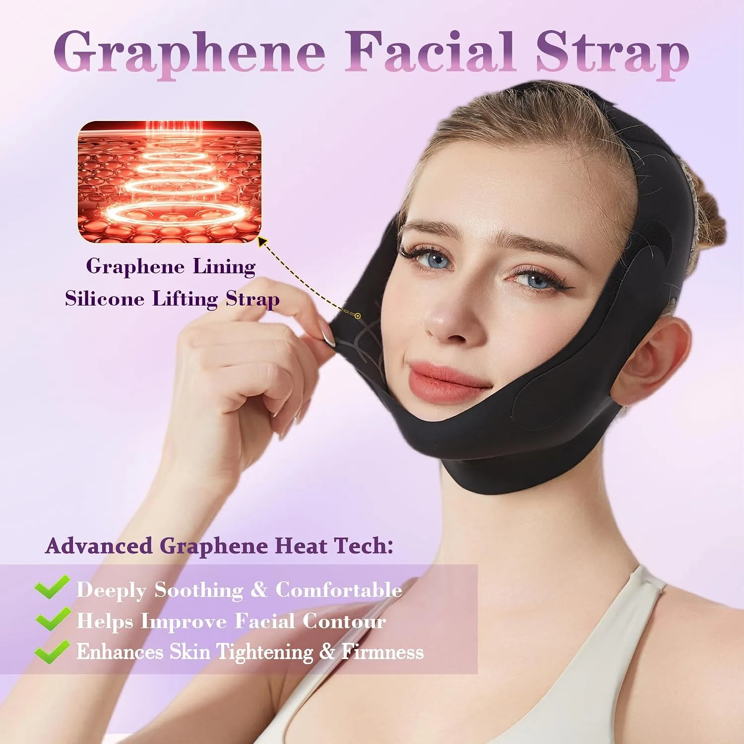 Graphene Chin Strap For Sleeping, Reusable V Line Lifting Mask & Double Chin Reducer with 3D Adjustable Design, Breathable Skin-Friendly Jawline Shaper Face Lift Belt for Women & Men (Black)