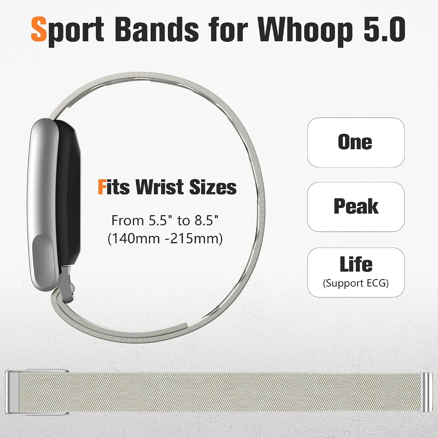 Getino Sport Band Compatible with Whoop 5.0 Bands One, Peak and Life/MG, Breathable Adjustable Elastic Replacement Soft Nylon Strap Accessories for Whoop Band 5.0 Fitness Tracker, GrayishApricot