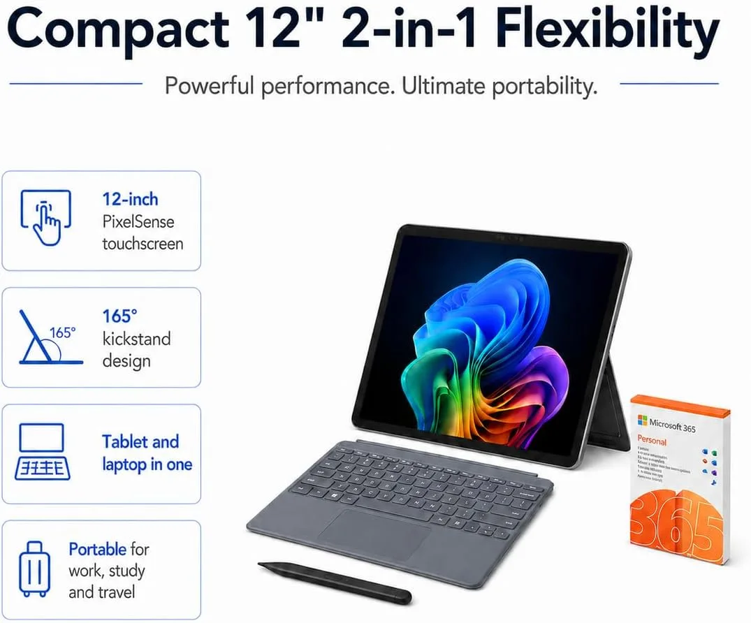Microsoft Surface Pro 12" 2-in-1 Tablet Laptop with Keyboard, Stylus, MS 365, Snapdragon X Plus, 16GB RAM, 256GB Storage, Webcam, Windows 11 (Renewed)