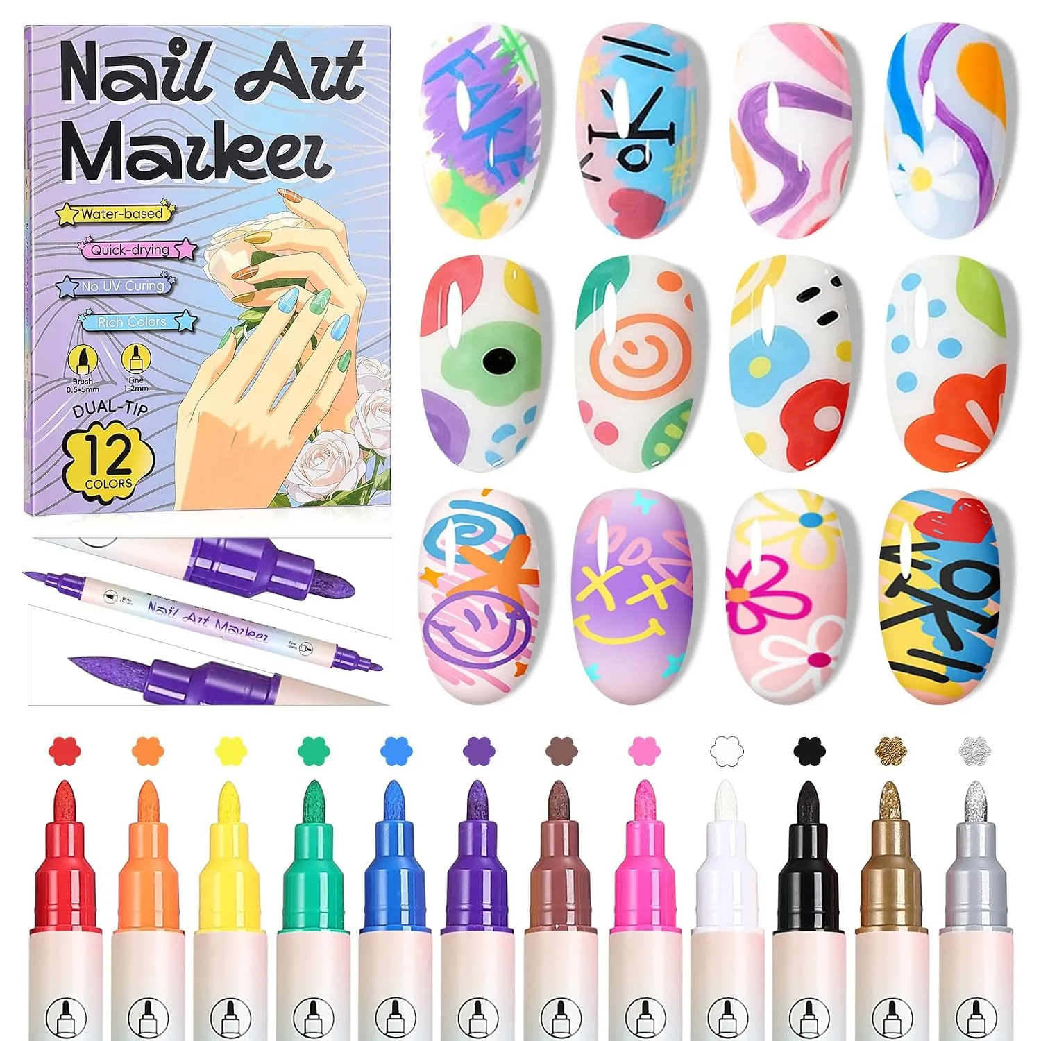 SAVILAND 12 Colors Nail Art Pens Set, 0.5mm Dual Tip Nail Polish Pens