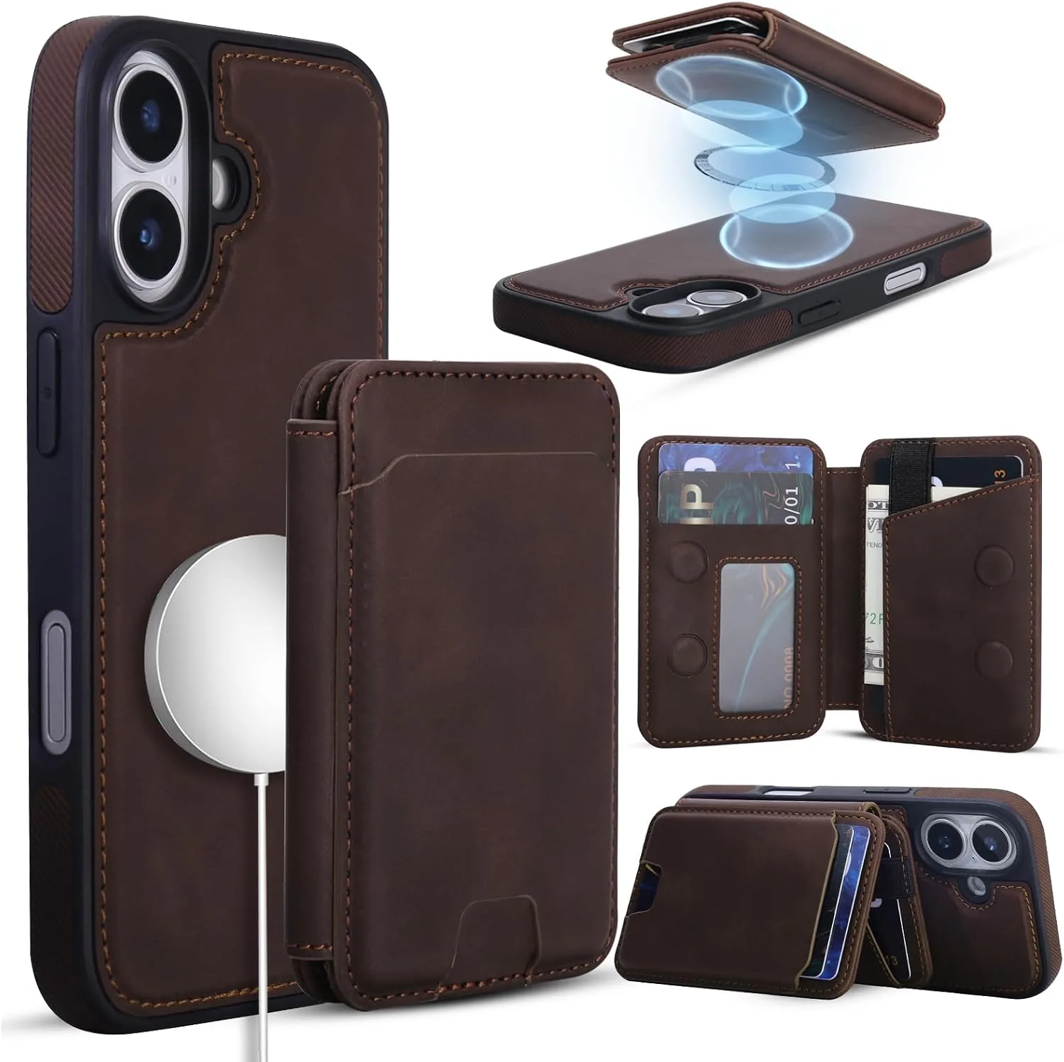 Magnetic Detachable Wallet Case for iPhone 16 with Kickstand,2-in-1 MagSafe Compatible RFID Blocking Card Holder,Slim PU Leather Cover Vintage Brown