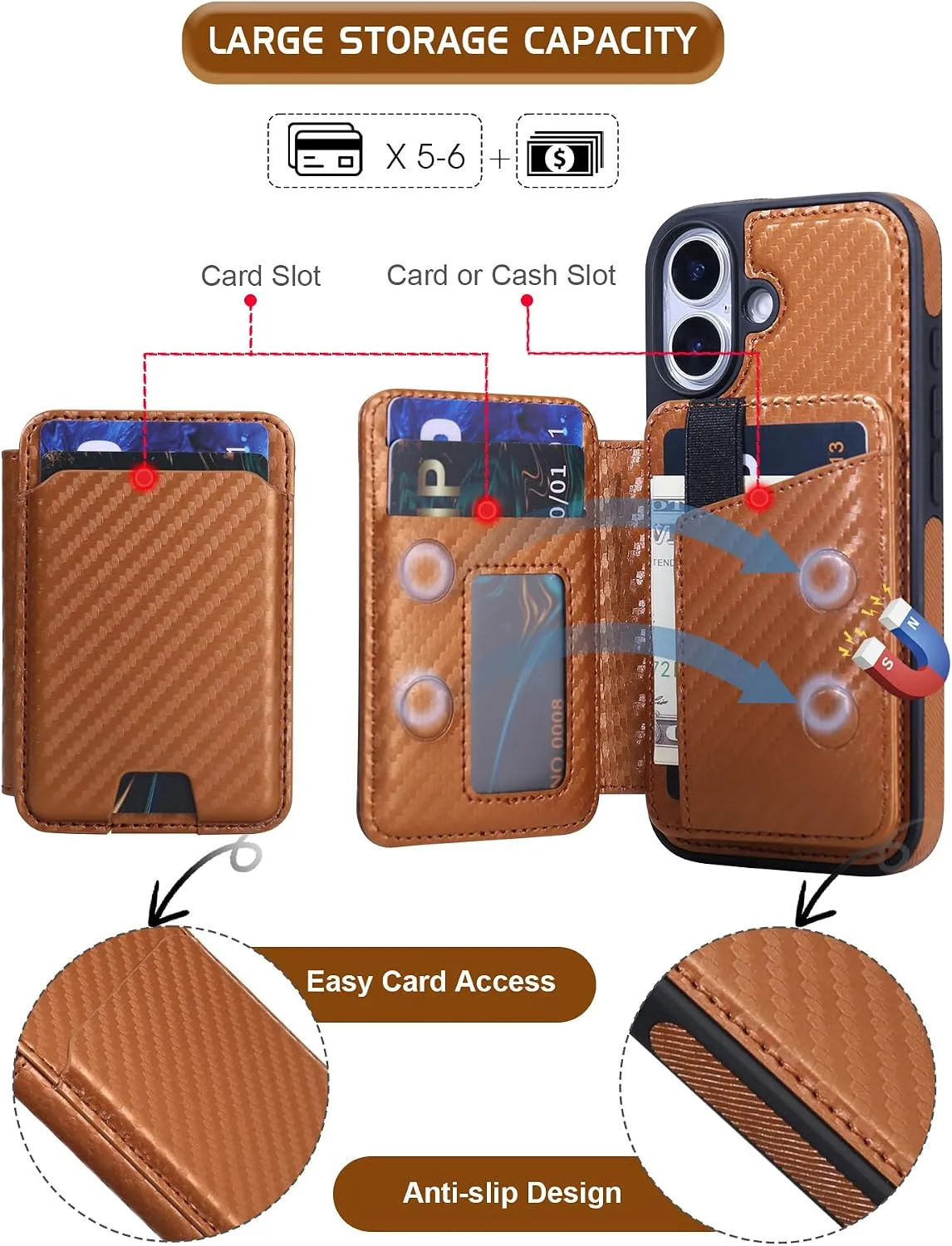 Magnetic Detachable Wallet Case for iPhone 16 with Kickstand,2-in-1 MagSafe Compatible RFID Blocking Card Holder,Slim PU Leather Cover Carbon Coffee
