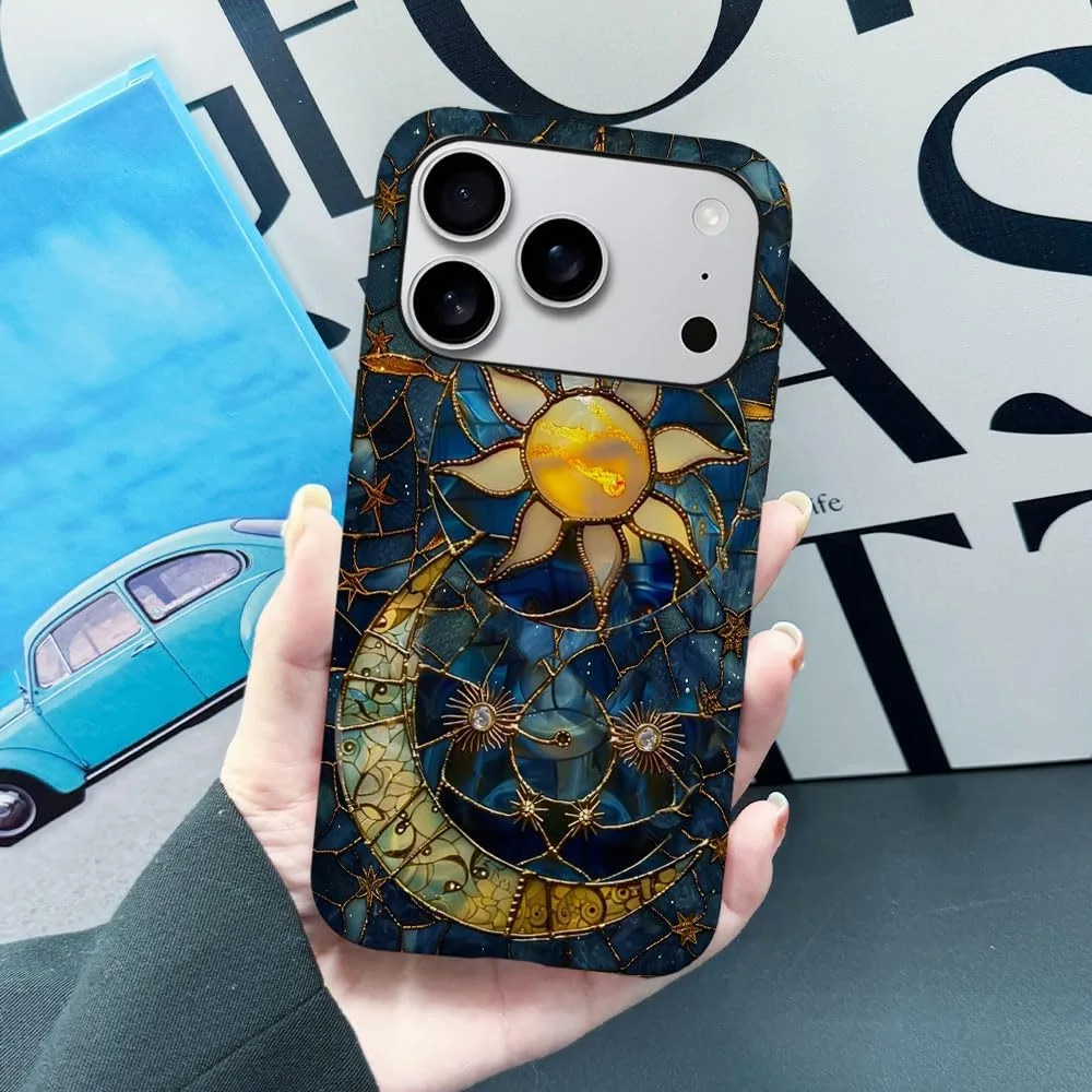 Case Compatible with iPhone 18 Pro/iPhone 17 Pro,Fall Prevention Hybrid 2-Layer Hard Shell Phone Cover for Girls Boys,Sun Moon Celestial Glass