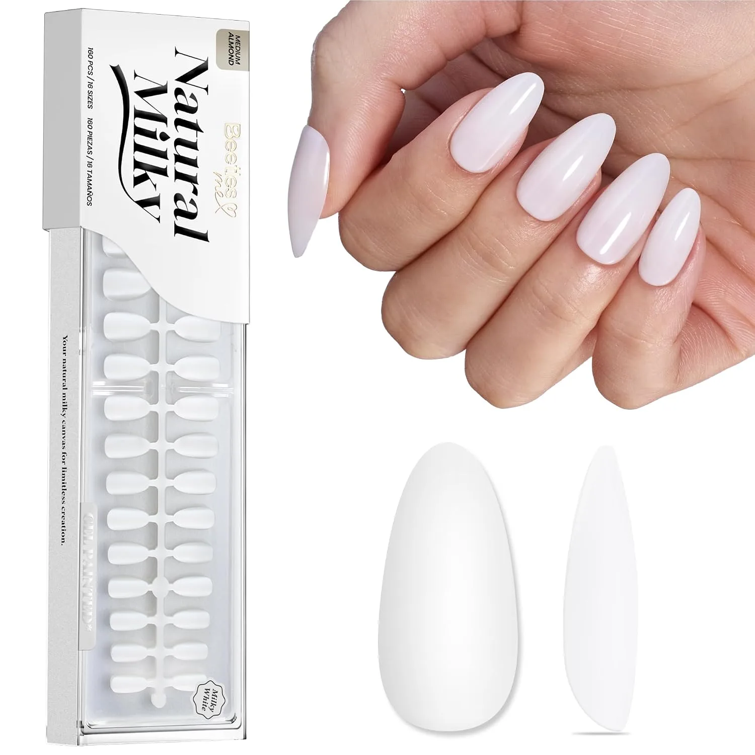 Beetles Milky White Press On Nails, 160pcs Soft Gel Medium Almond Tips