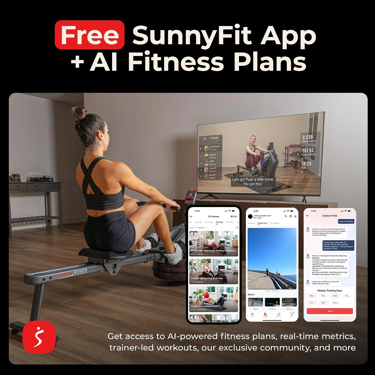 Sunny Health & Fitness Premium Water Rower w/Intensive Dynamic Real-Time Resistance, 300 LB Capacity Flip-able Rowing Machine for Home Training, Optional Free SunnyFit App Connection