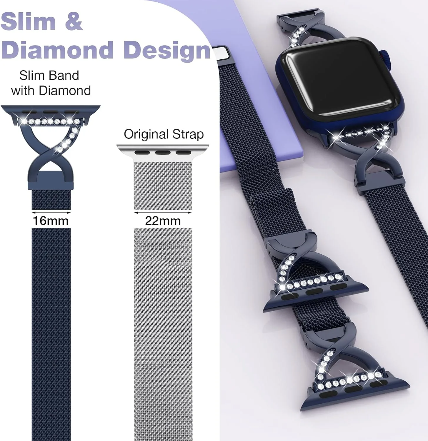 Thin Mesh Loop with X-Shape Clasp Compatible with Apple Watch Bands Women