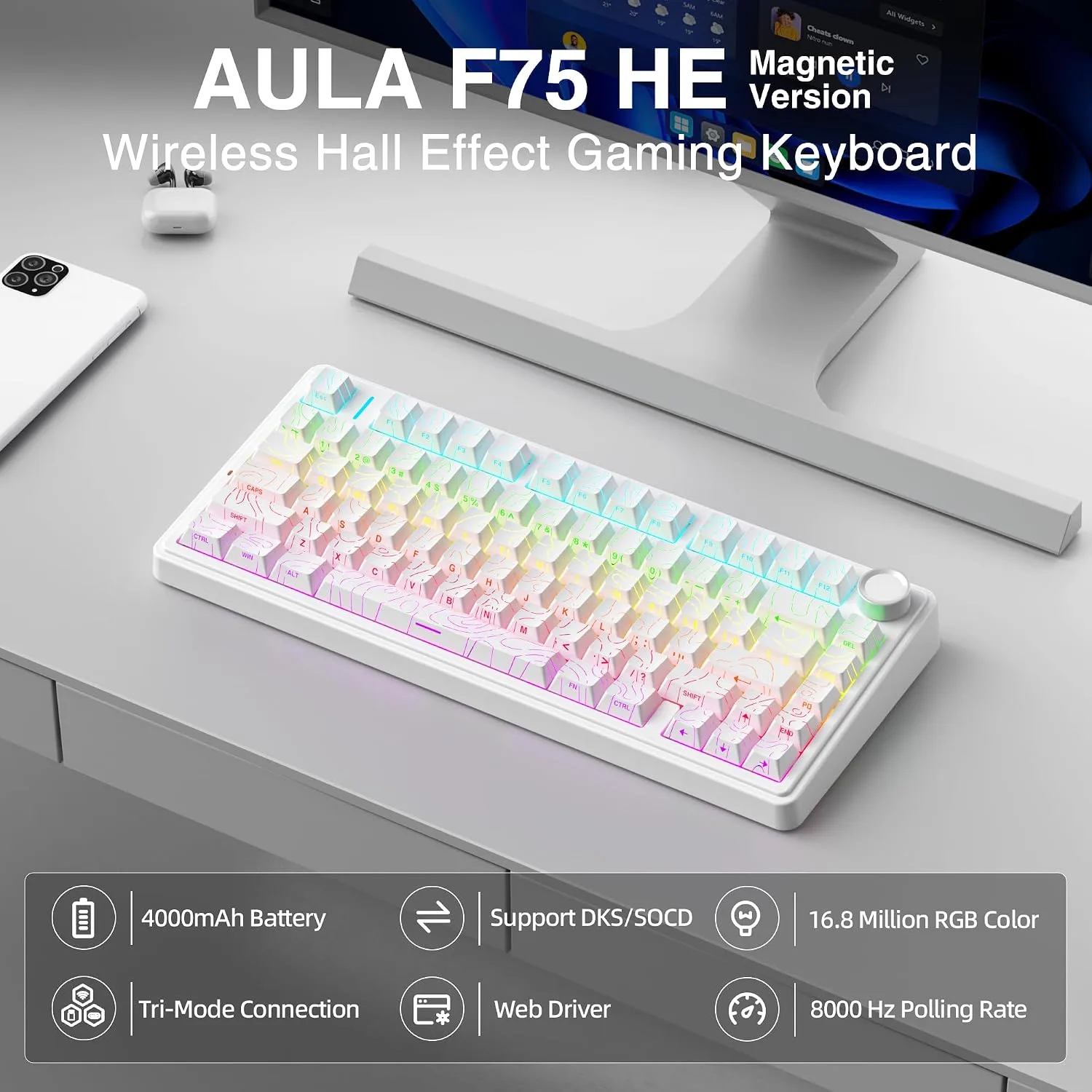 Aula F75 HE Wireless Gaming Keyboard Hall Effect Magnetic Switch Keyboard